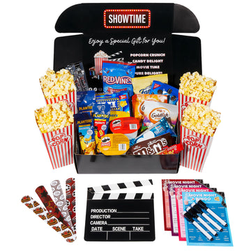 Movie Night Basket Gift Set - Popcorn  Candy  Snacks  game-style and more - 33 Items - Movie Night Gift Box  Gift Basket for Date Night  Family Night  Birthday  College Students  Teens  Men  Women  Kids  Grandpa  Grandma  Friend or Teacher