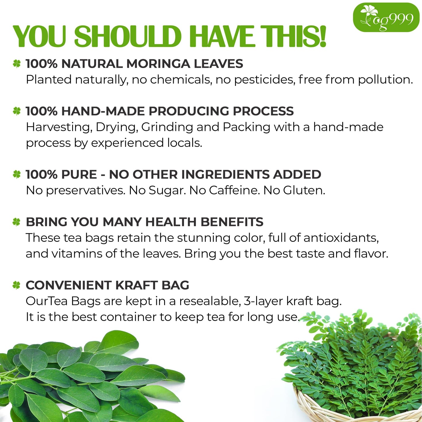TOG999 Moringa Leaf Tea Bags, 100% Natural & Pure, Vegan, 120 Bags