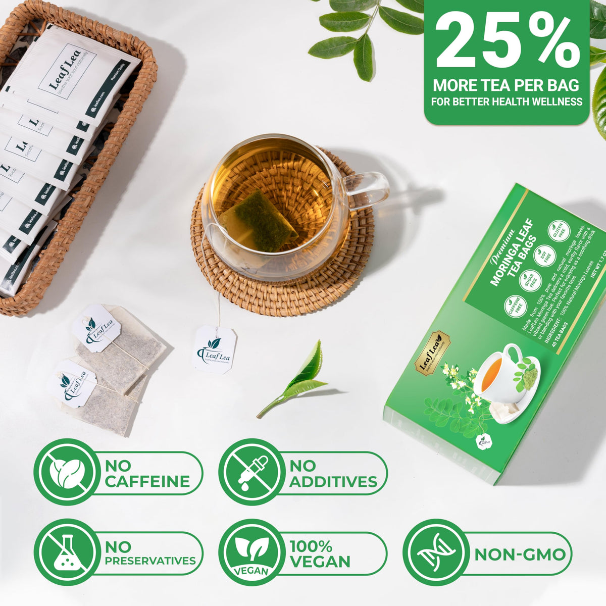 LeafLea Moringa Tea Bags - Premium Herbal Blend, Caffeine-Free, Sugar-Free, Vegan, Non-GMO, 120 Bags (Pack of 3)