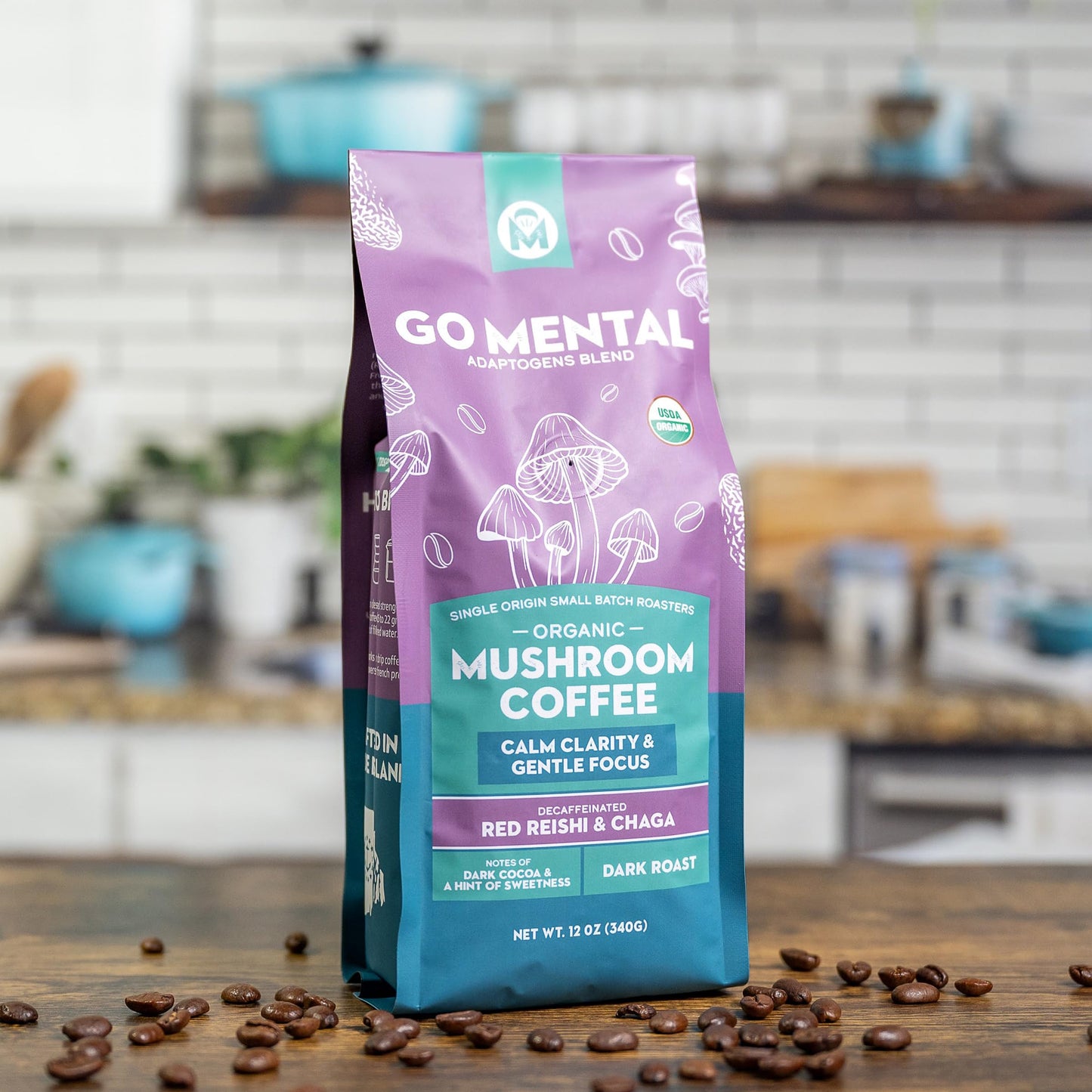 GO MENTAL Organic Mushroom Decaf Coffee, Dark Roast, 12oz Ground, Swiss Water Process, Red Reishi & Chaga, Single Origin Peruvian