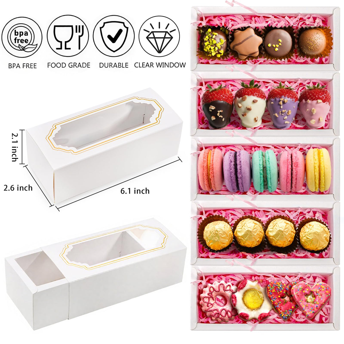 Nicunom 50 Pack Macaron Boxes With Clear Window, Small Macaron Packaging Container Pastry Cookie Candy Strawberry Boxes For 5 Bakery Cocoa Truffle Dessert Wedding Gift