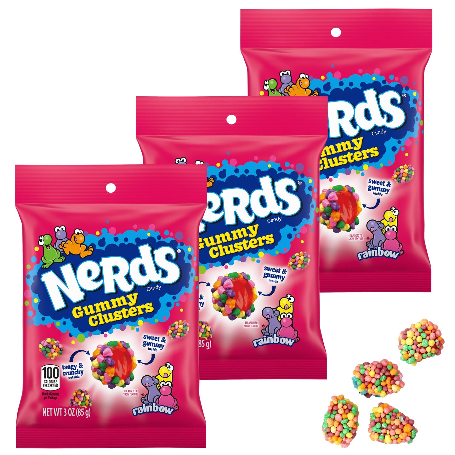 Nerds Gummy Clusters Rainbow, 3 Ounce Pouches (Pack of 3), 9oz Candy