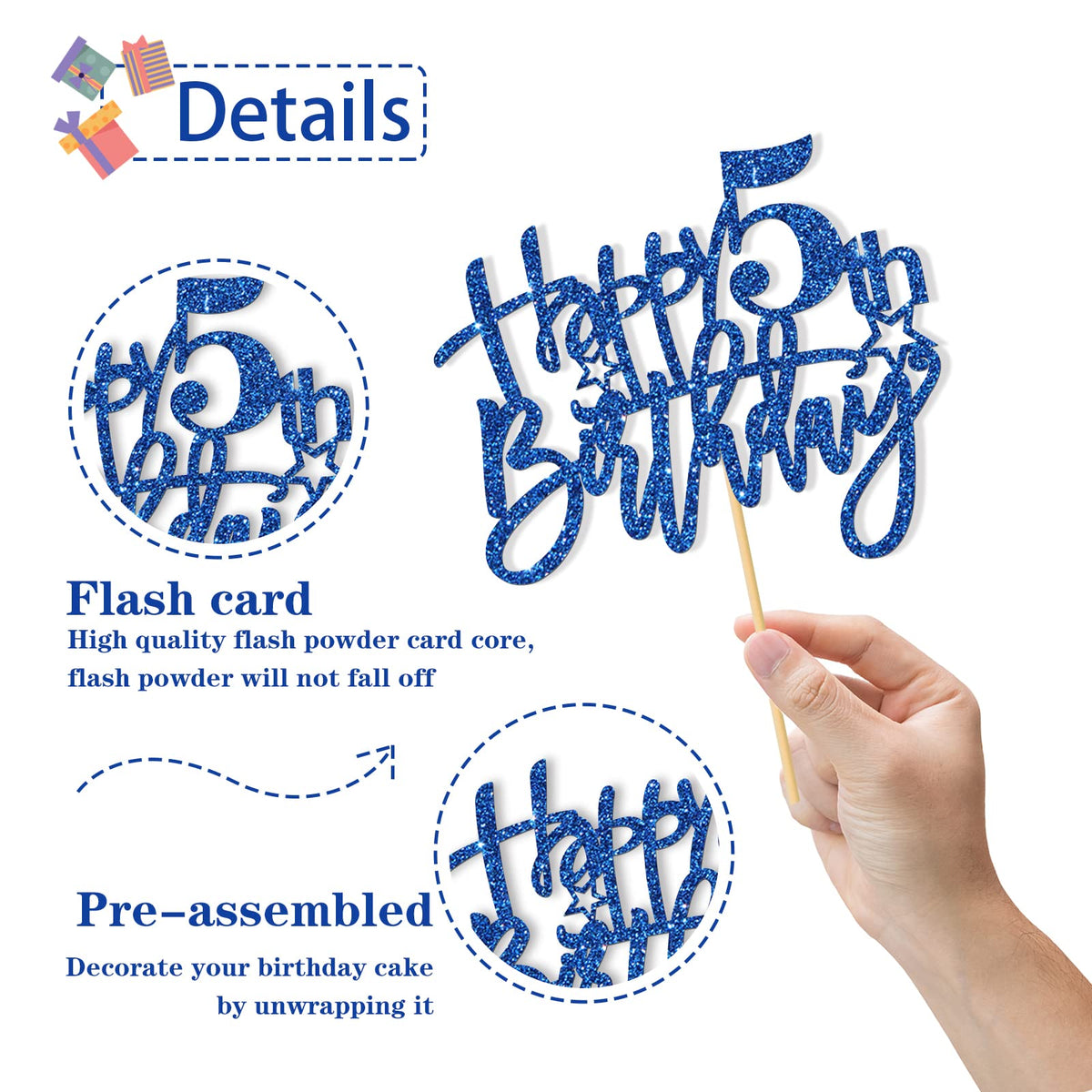 Roadsea Happy 5Th Birthday Cake Topper - Kid Girl Boy Five Years Old Birthday Cake Supplies - 5Th Birthday Party Decorations - B