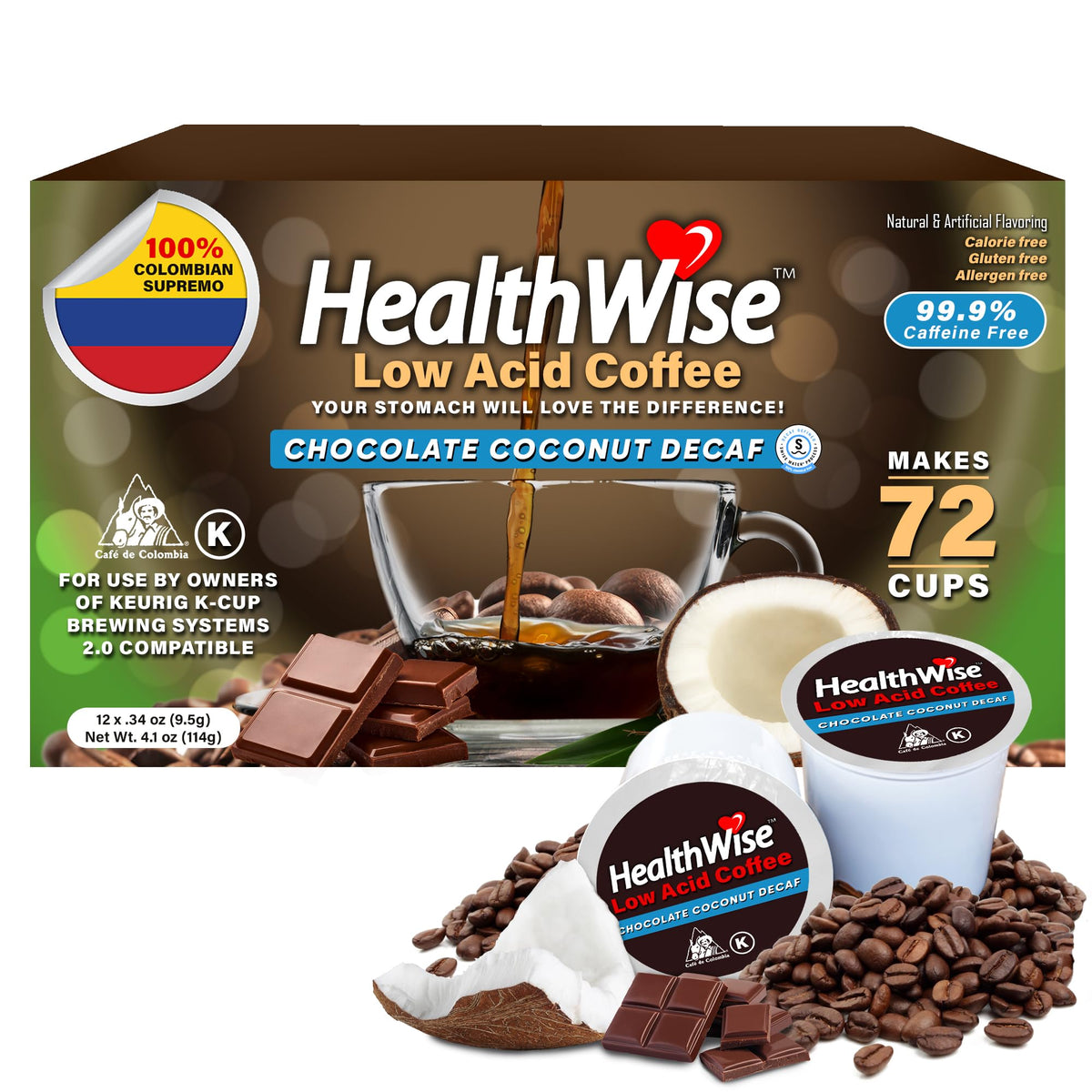 HealthWise Chocolate Coconut Decaf Coffee K-Cups, Low Acid, 72 Count (Pack of 6), Swiss Water Process, Ideal for Sensitive Stomachs