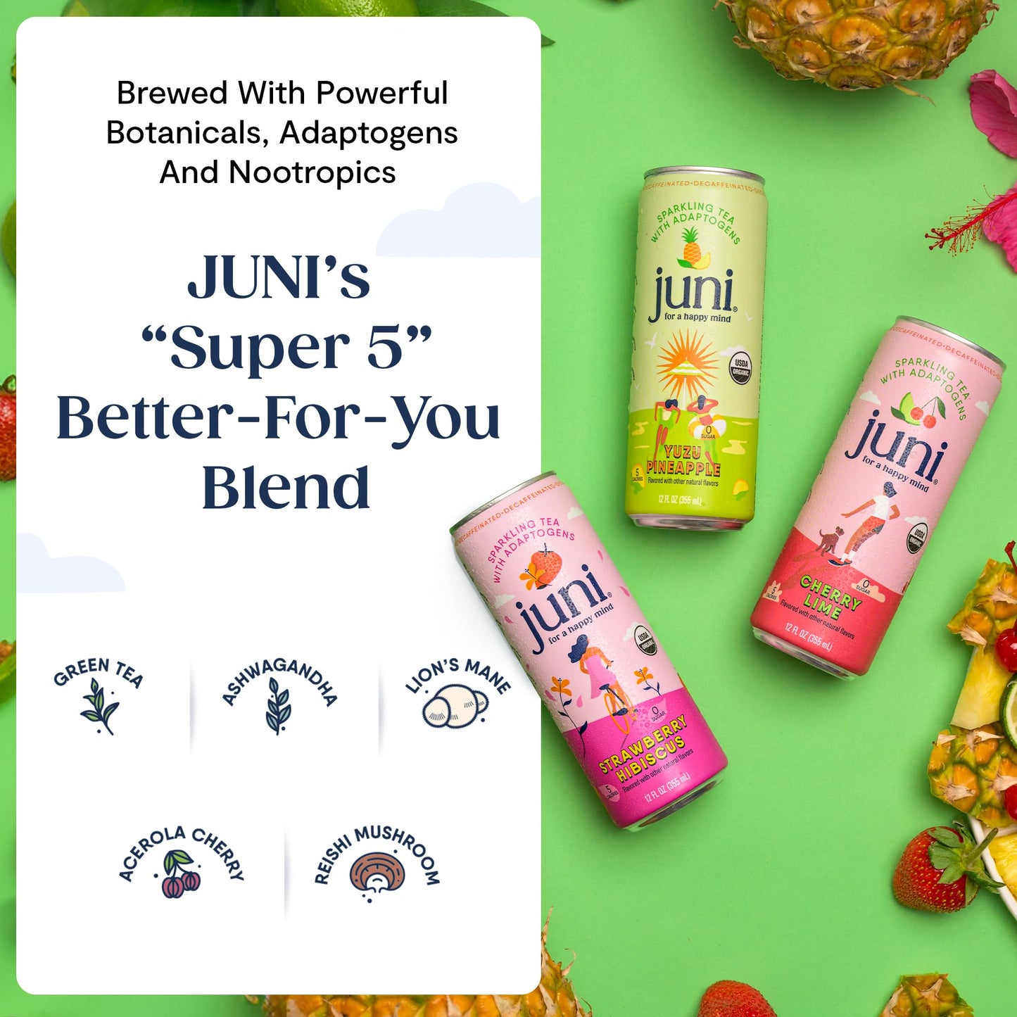 JUNI Sparkling Adaptogen Drink, Variety Pack (12 Pack), 12 Fl Oz Each, Zero Sugar, Non-  ic, Decaffeinated