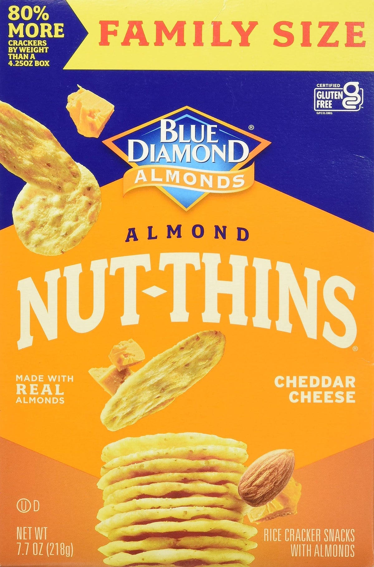 Blue Diamond Almonds Nut-Thins Gluten Free Cracker Crisps, Cheddar Cheese, Family Size, 7.7 Oz