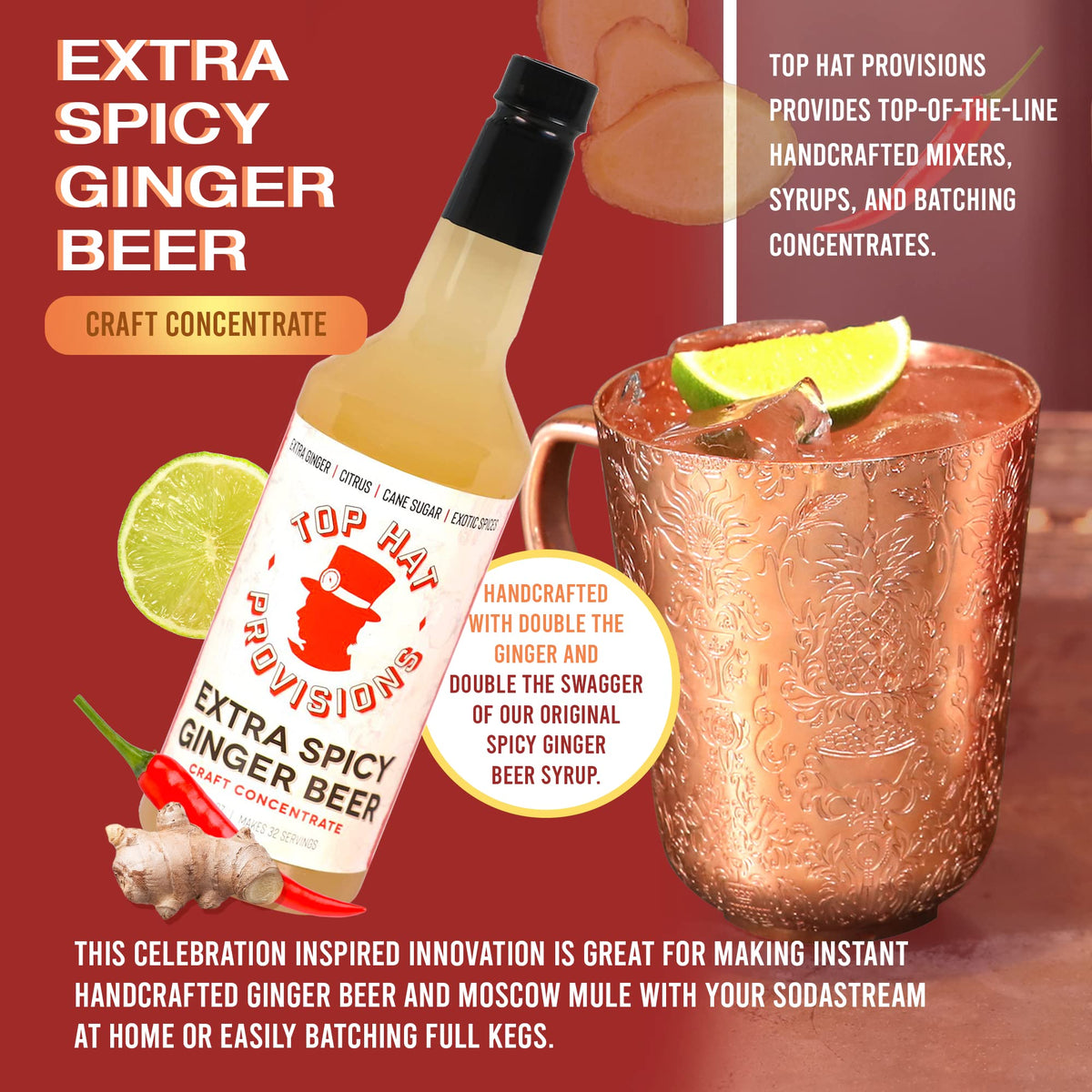 Top Hat Provisions Ginger malt-inspired Syrup - Extra Spicy - 32 Fl Oz Bottle - Moscow Mule Mix