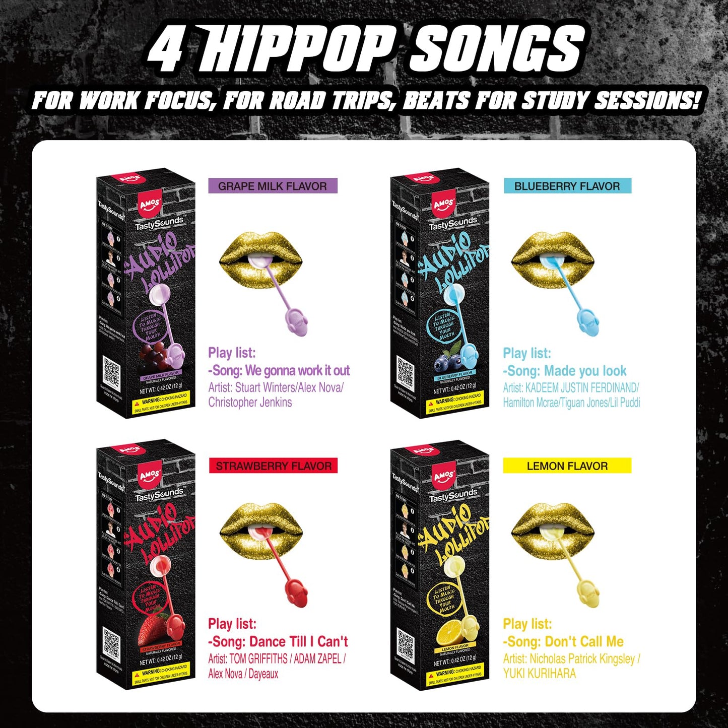 Amos Music Lollipop Candy Suckers – Tastysounds Audio Hip Hop Singing Lollipop, Assorted Fruit Flavors, Sugar-Free, Low-Calorie Snack, 4-Pack Gift Box