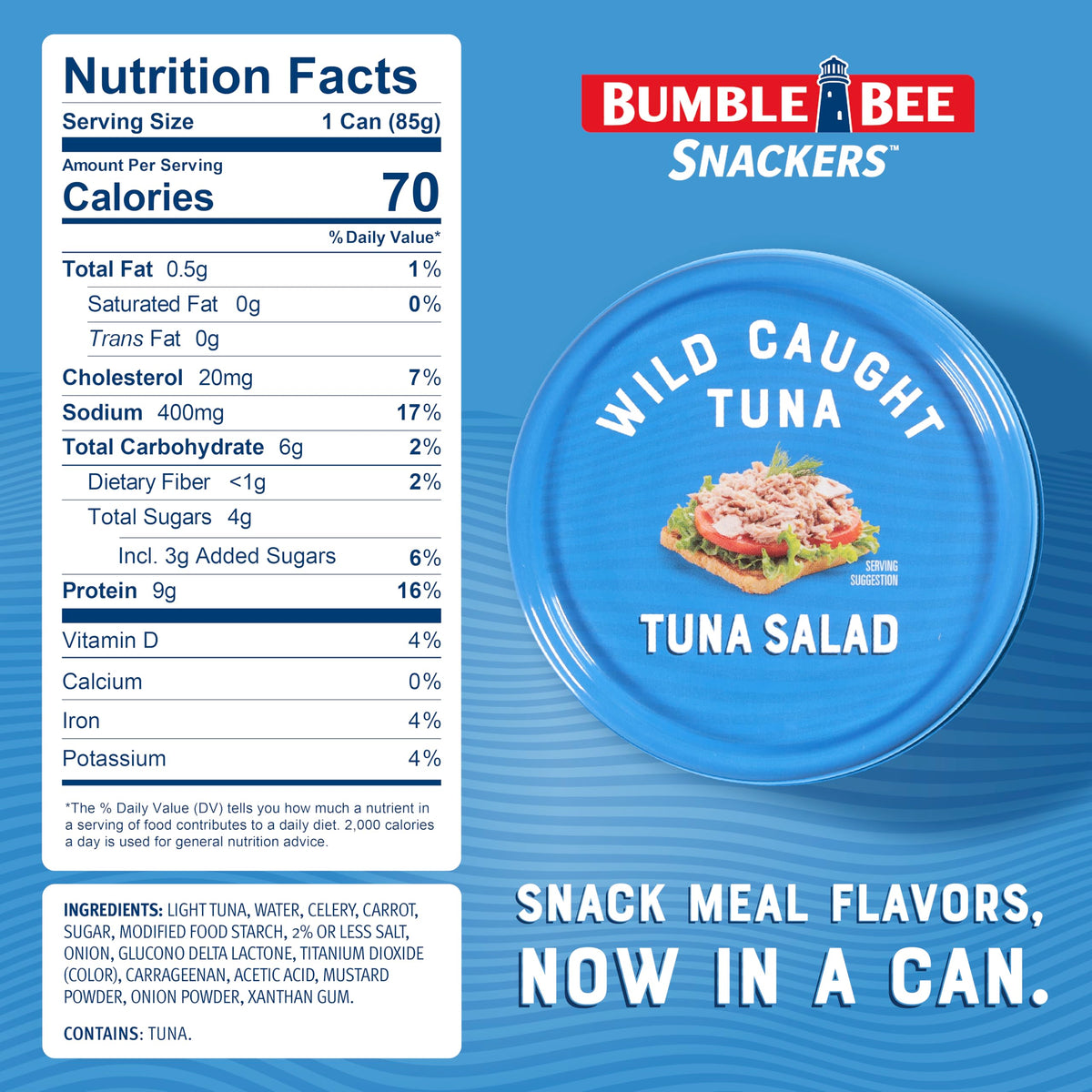 Bumble Bee Snackers - Tuna Salad, 3 oz Easy Open Can - 9g Protein per Serving - Wild Caught Skipjack Chunk Light Tuna Pack - No