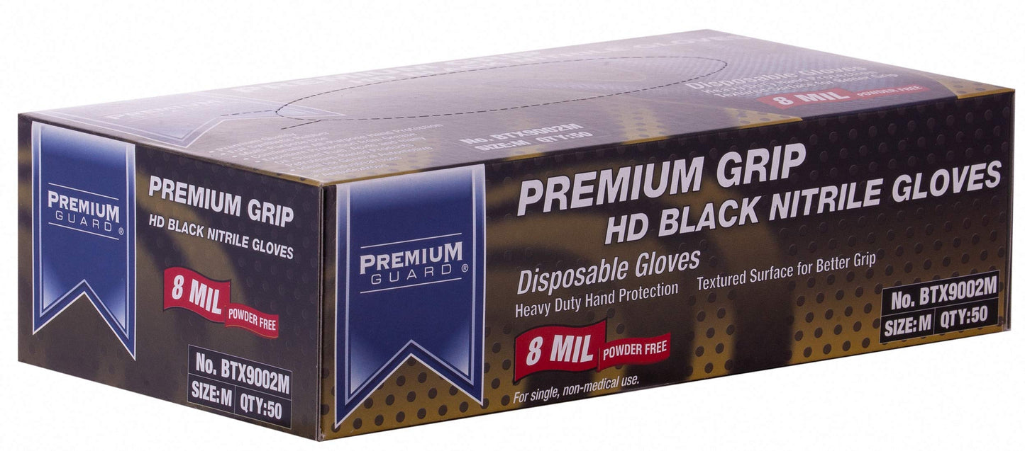 Premium Guard - Nitrile Gloves Heavy Duty 8 Mil Disposable, Powder Free, Black, 50 Gloves Per Box (Medium)