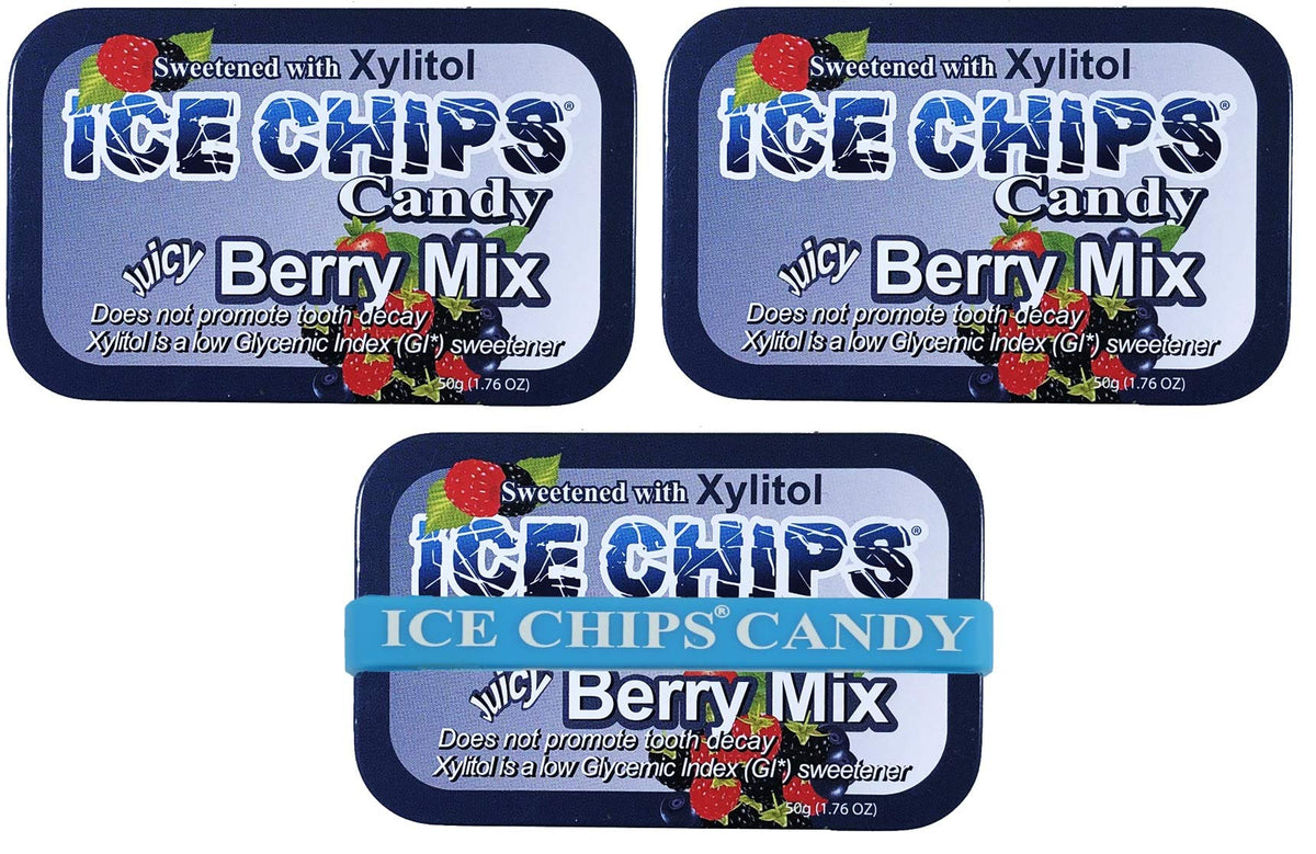 Ice Chips Xylitol Candy Tins 5.28 Oz Total (Berry Mix, 3 Pack) - Includes Band As Shown