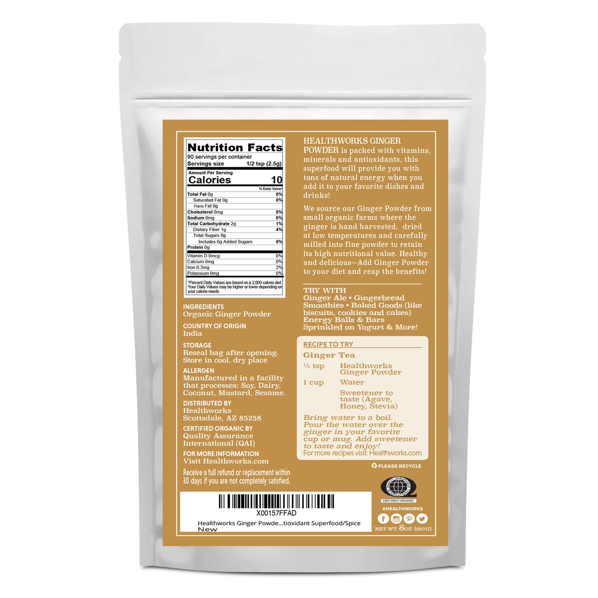 Healthworks Superfoods Organic Ginger Powder - 8 Oz - Ground, Raw & All-Natural - Keto, Vegan - Great with Coffee, Tea & Juices