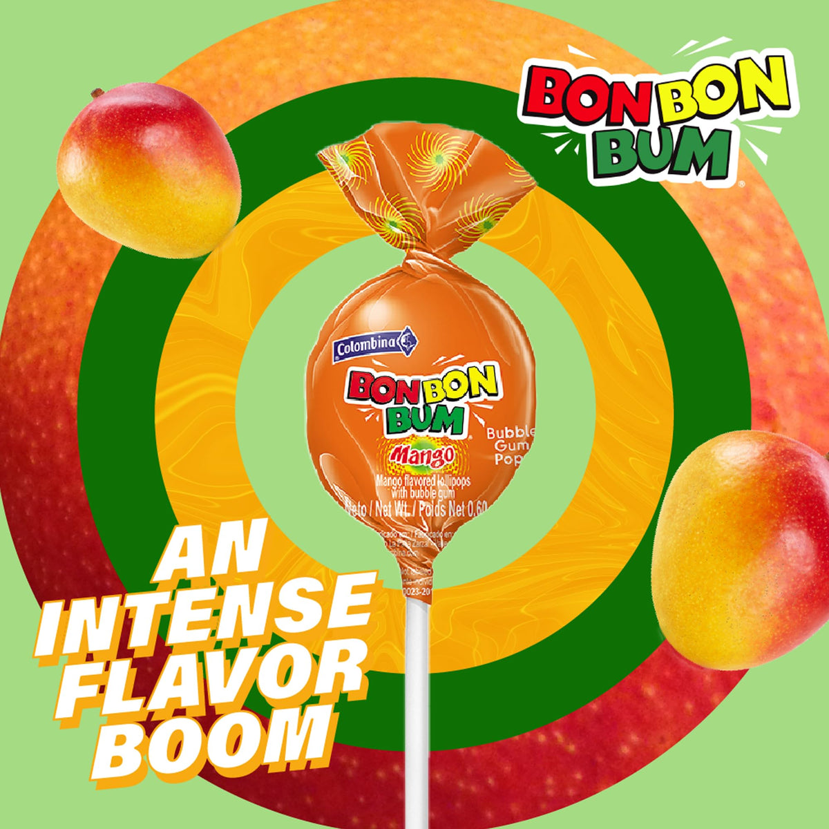 Colombina Bon Bon Bum Lollipops Mango Flavor, 24 Count (Pack of 2)