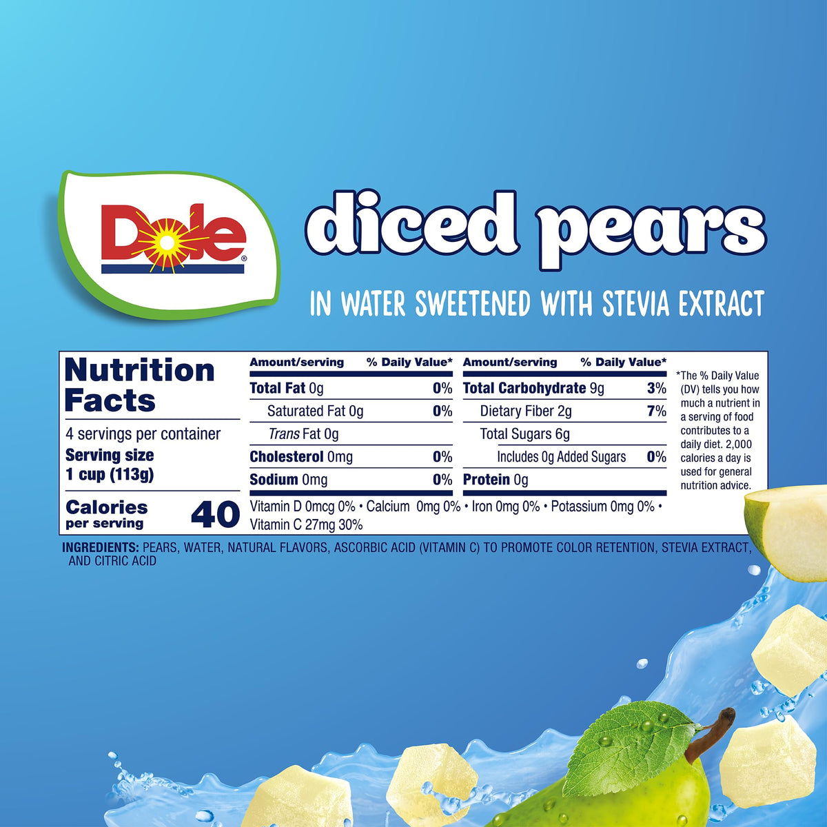 Dole Diced Pears with No Sugar Added - Dole Fruit Bowls Snacks - 4 oz Fruit Bowls - 4 Pack