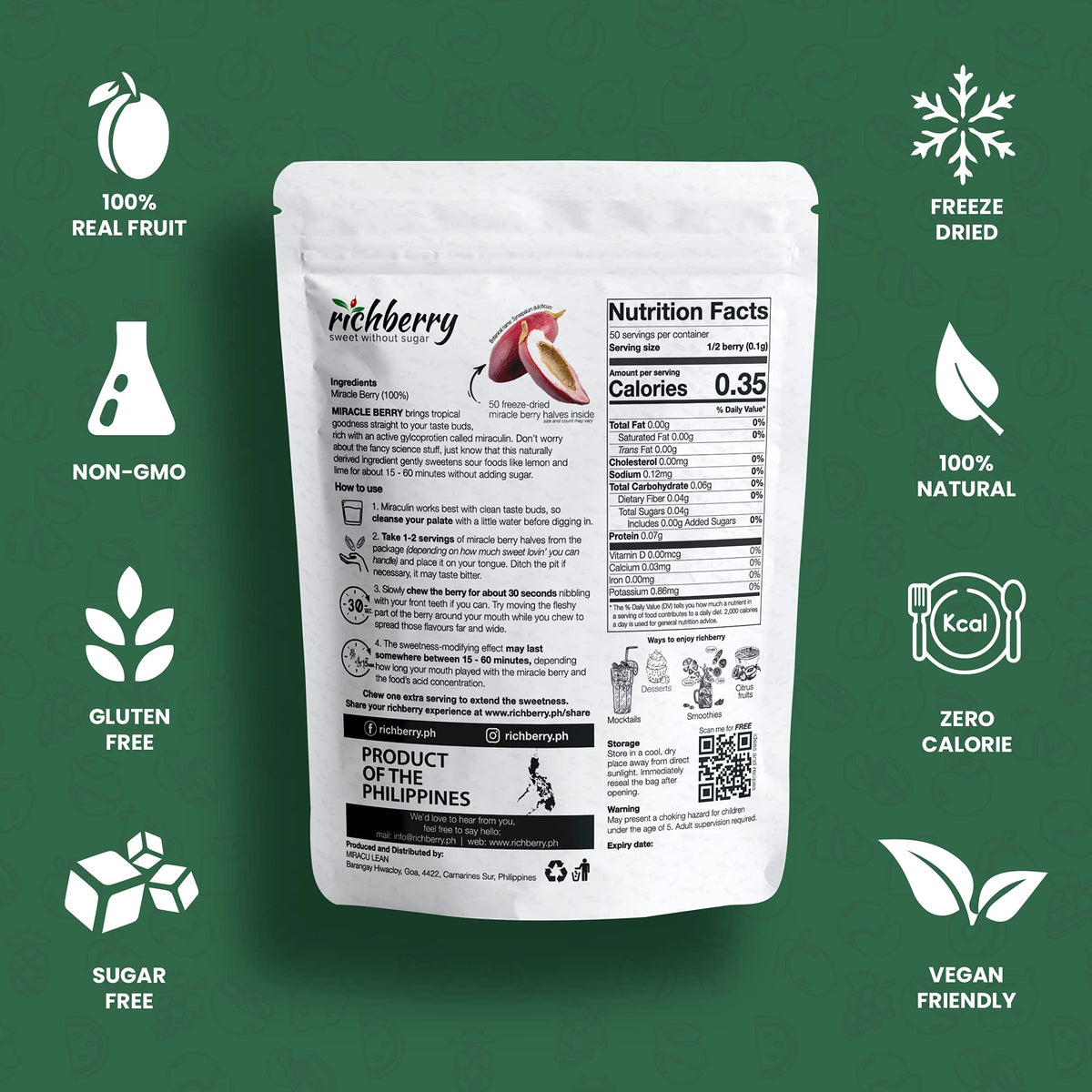 Berry By Richberry, 50-Halves, Freeze Dried Enhanced Fruits, 100% Real Fruit, No Preservatives, Naturally Sweetens Sour Food, Great For Snacks And Taste Tripping