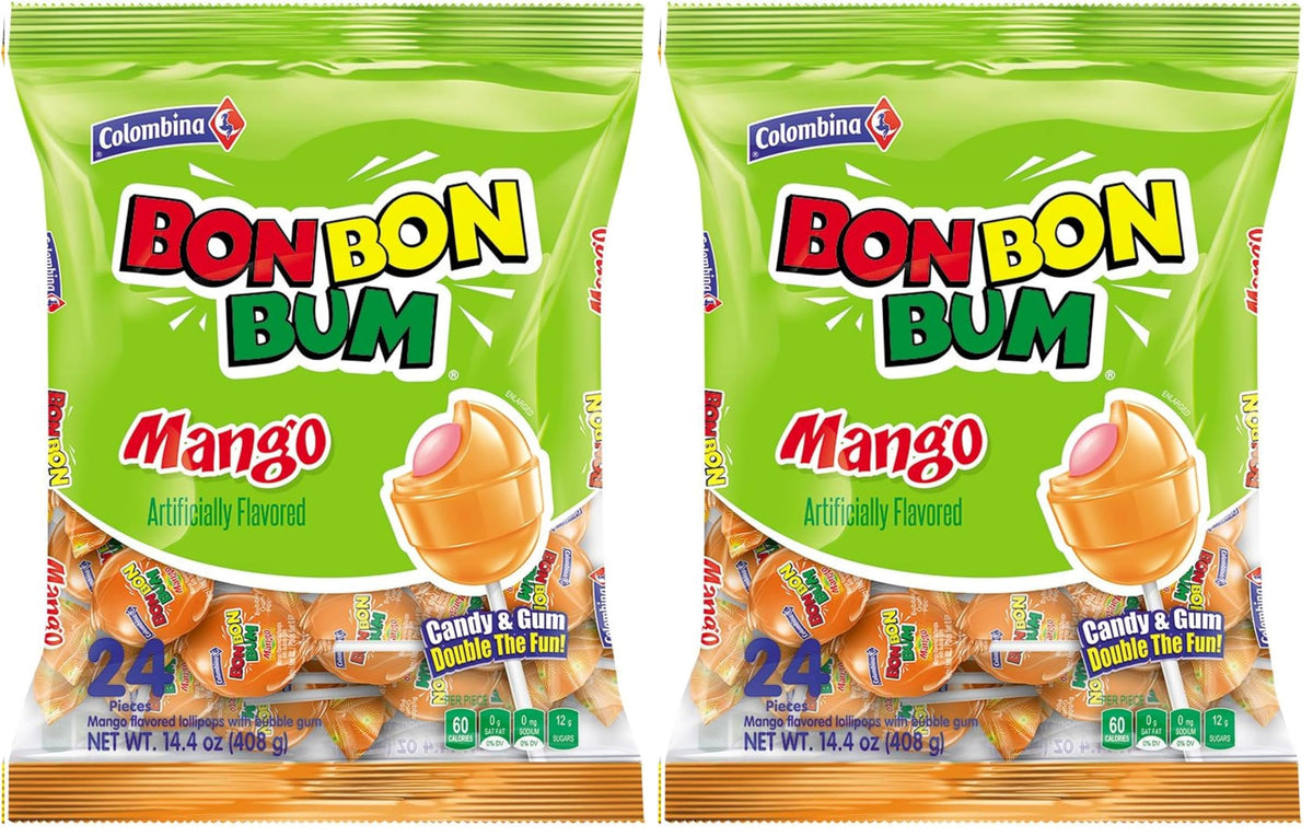 Colombina Bon Bon Bum Lollipops Mango Flavor, 24 Count (Pack of 2)