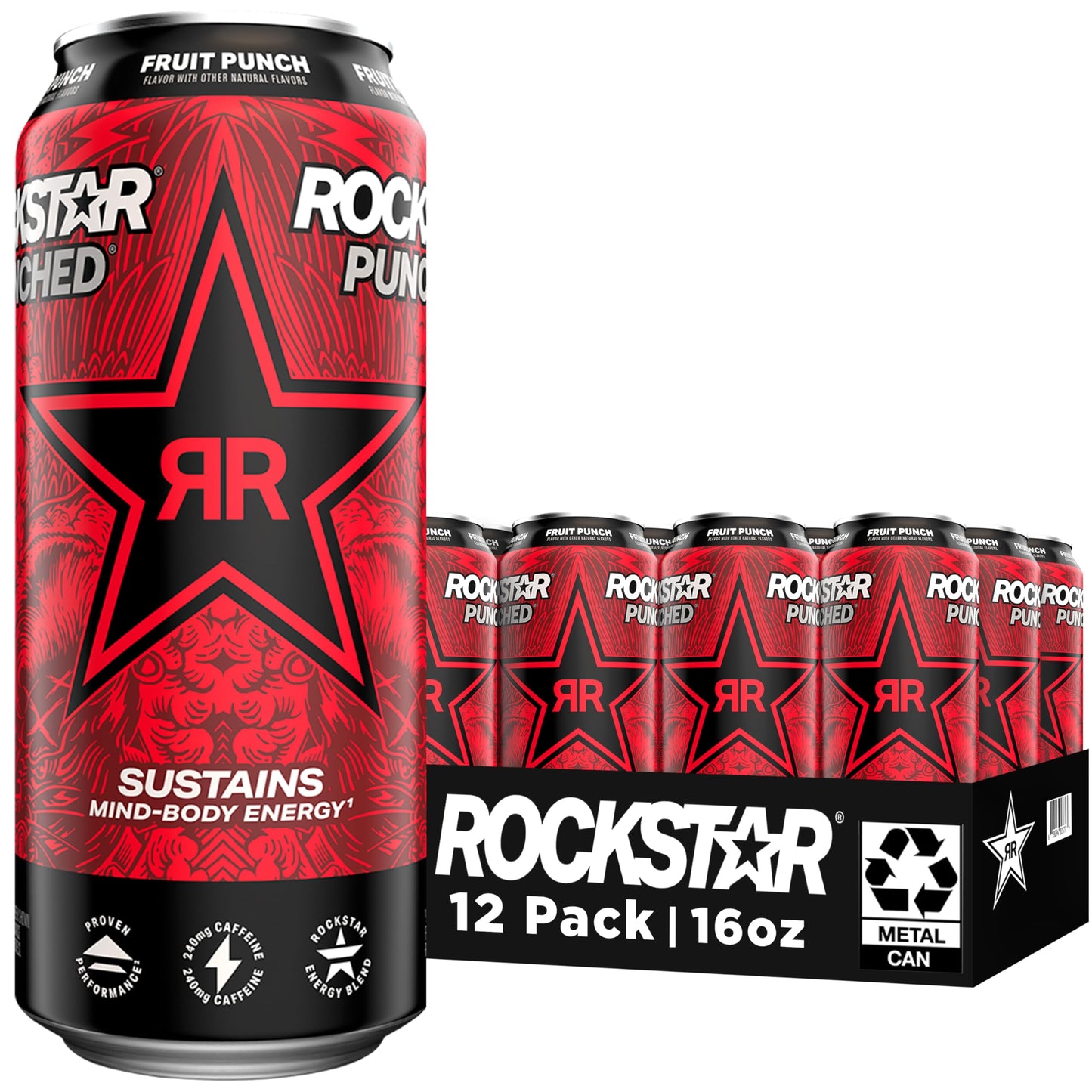 Rockstar Punched Energy Drink, Fruit Punch, 16 Fl Oz (Pack of 12)