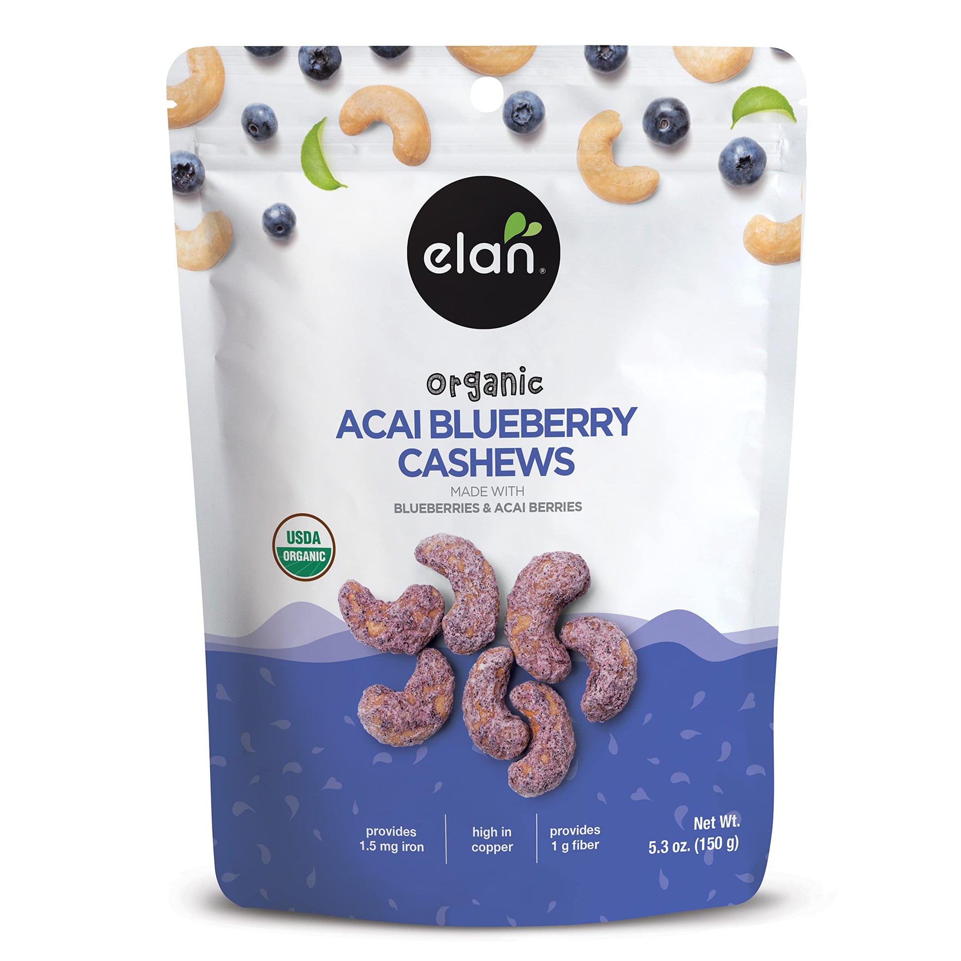 Elan Organic Acai Blueberry Cashews, 5.3 oz, Non-GMO, Vegan, Gluten-Free, Kosher, Glazed Nuts (Roasted Cashews, Acai Berry Powde
