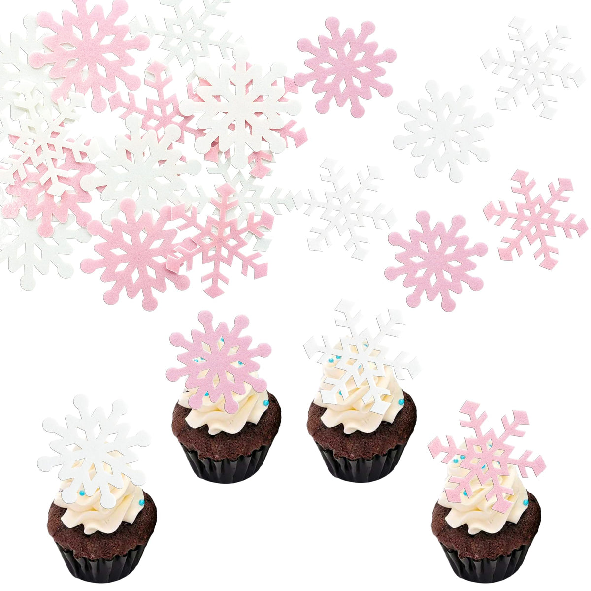 Gyufise 60Pcs Edible Snowflakes Cupcake Toppers - Snowflake Cake Decorations Wafer Paper Sprinkles For Christmas Winter Holiday Theme Party Supplies - Pink Silver