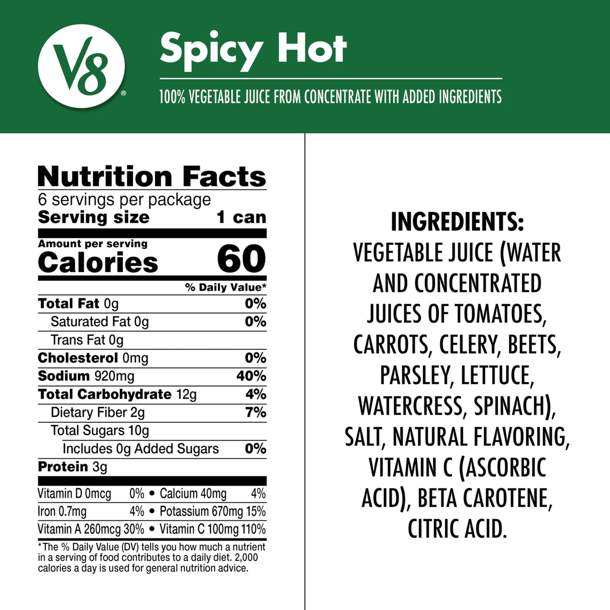 V8 Spicy Hot Vegetable Juice, 11.5 fl oz Can, 24 Pack, Model 200000018596