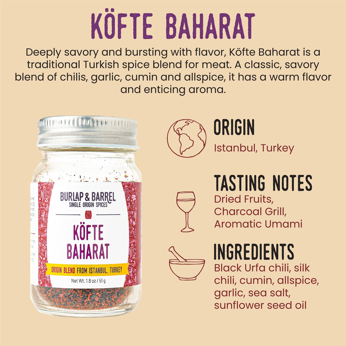 Burlap & Barrel Köfte Baharat Grilling Blend Spice - 1.8 oz Glass Jar
