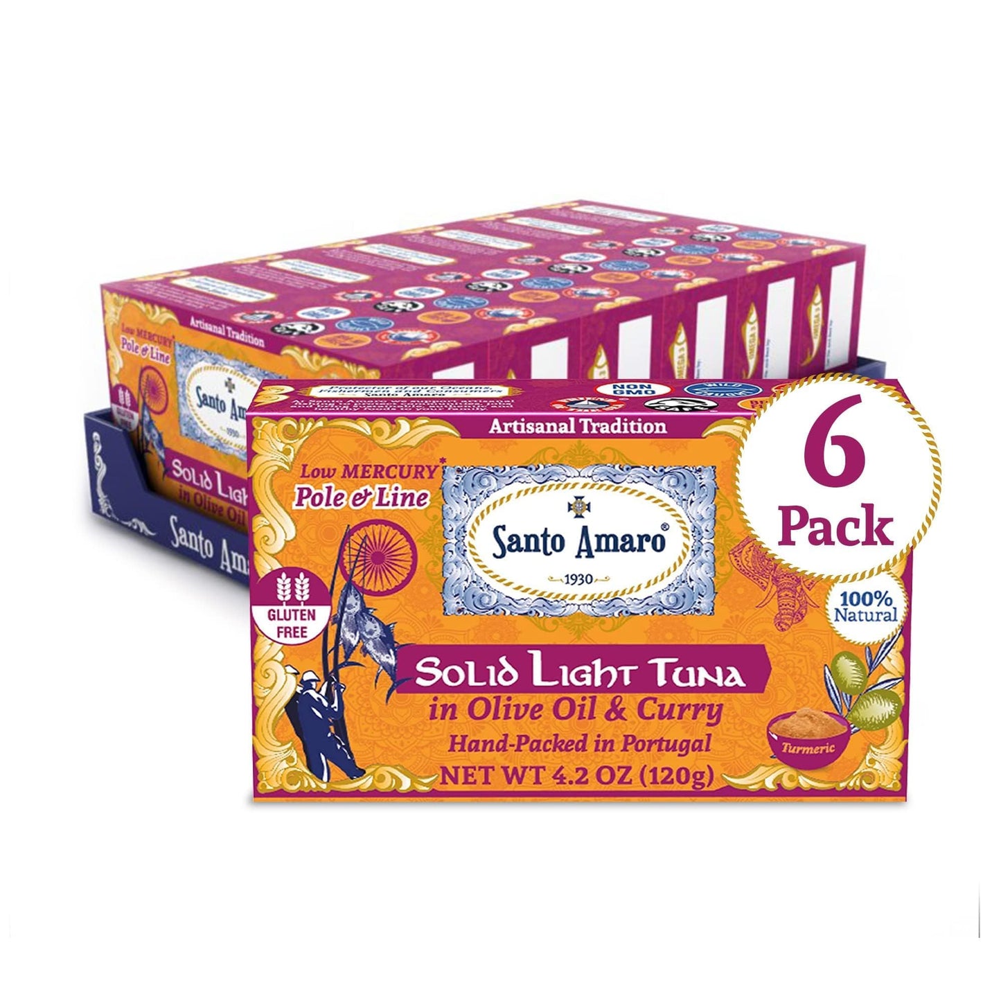 Santo Amaro Artisanal Wild Tuna Fillets in Olive Oil & Turmeric Curry, 4.2 Ounce (Pack of 6), Low Mercury, 22g Protein