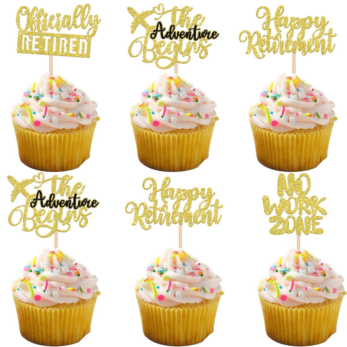 Rsstarxi Cupcake Toppers Gold Glitter Retirement Party Decorations, 24 Pack, Adventure Begins, No Work Zone