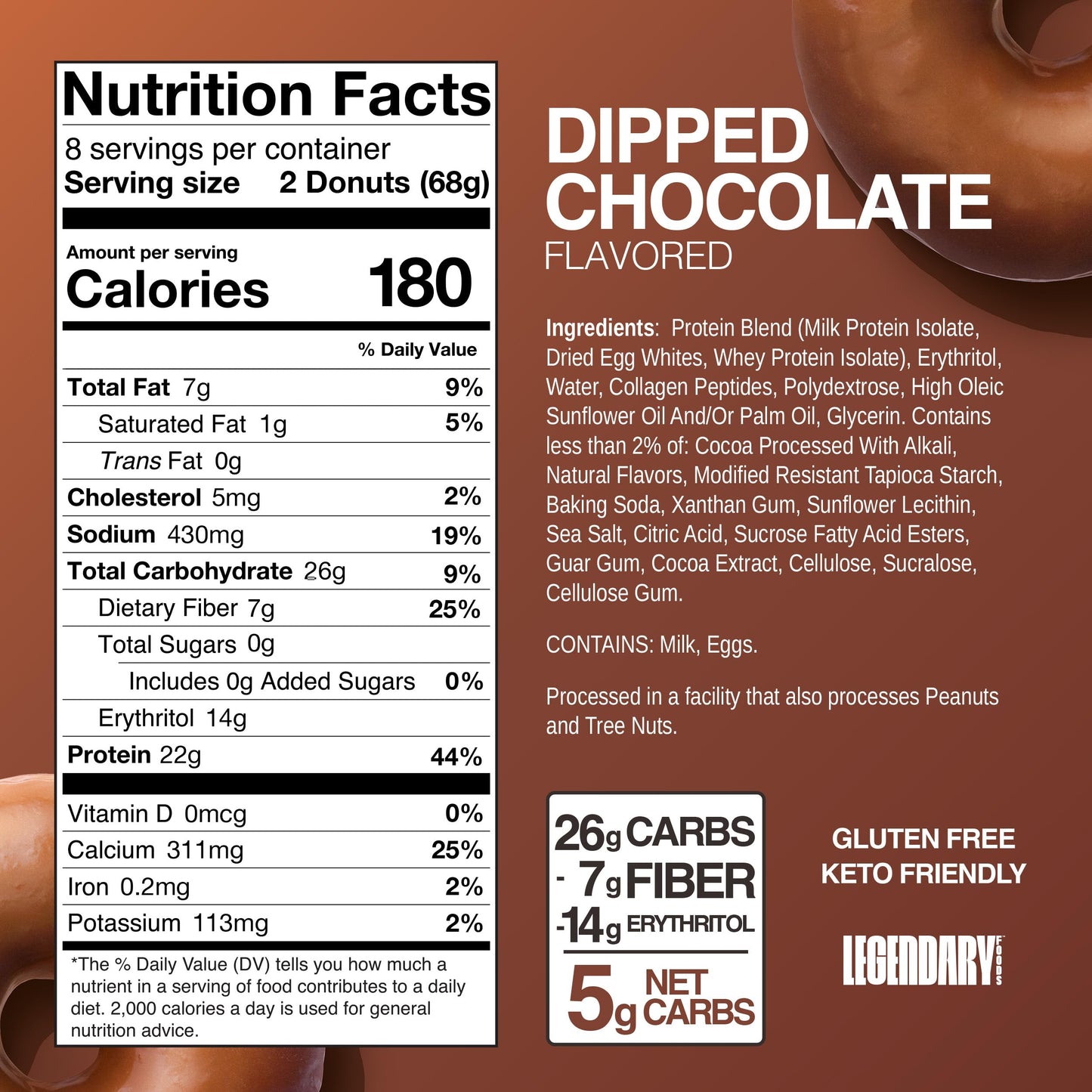 Legendary Foods Protein Donuts - 22g Protein  Dipped Chocolate  Zero Sugar Snack  Gluten Conscious  Low Carb  Keto Suitable  Diabetic and GLP-1 Diets - 8 Pack with Two Donuts per pack