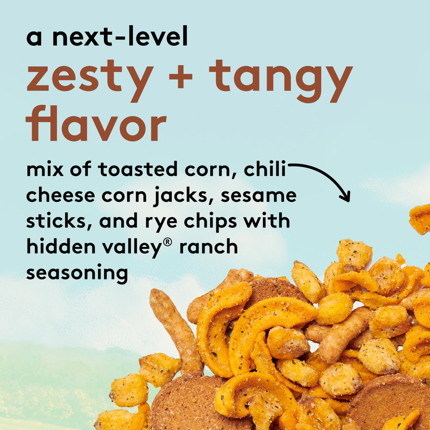 Snak Club Crunch Mix with Hidden Valley Ranch Seasoning  Toasted Corn  Chili Cheese Corn Jacks  Sesame Sticks  and Rye Chips  Kosher Snack  24 oz Resealable Bag