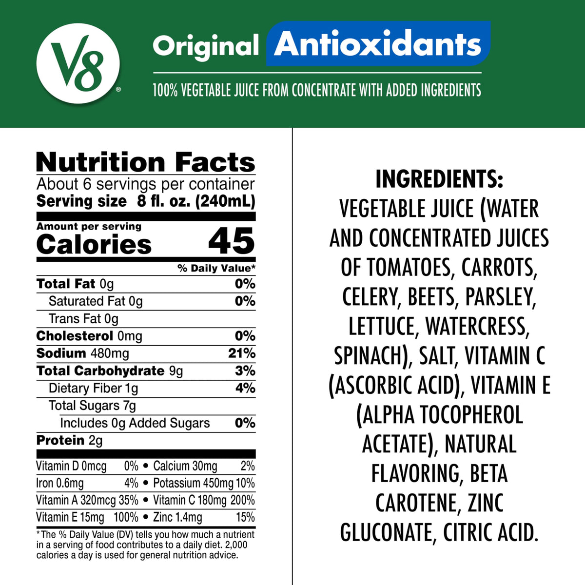 V8 Antioxidants Original Vegetable Juice, 46 Fl Oz Bottle, Essential Antioxidants, Model 200000020612