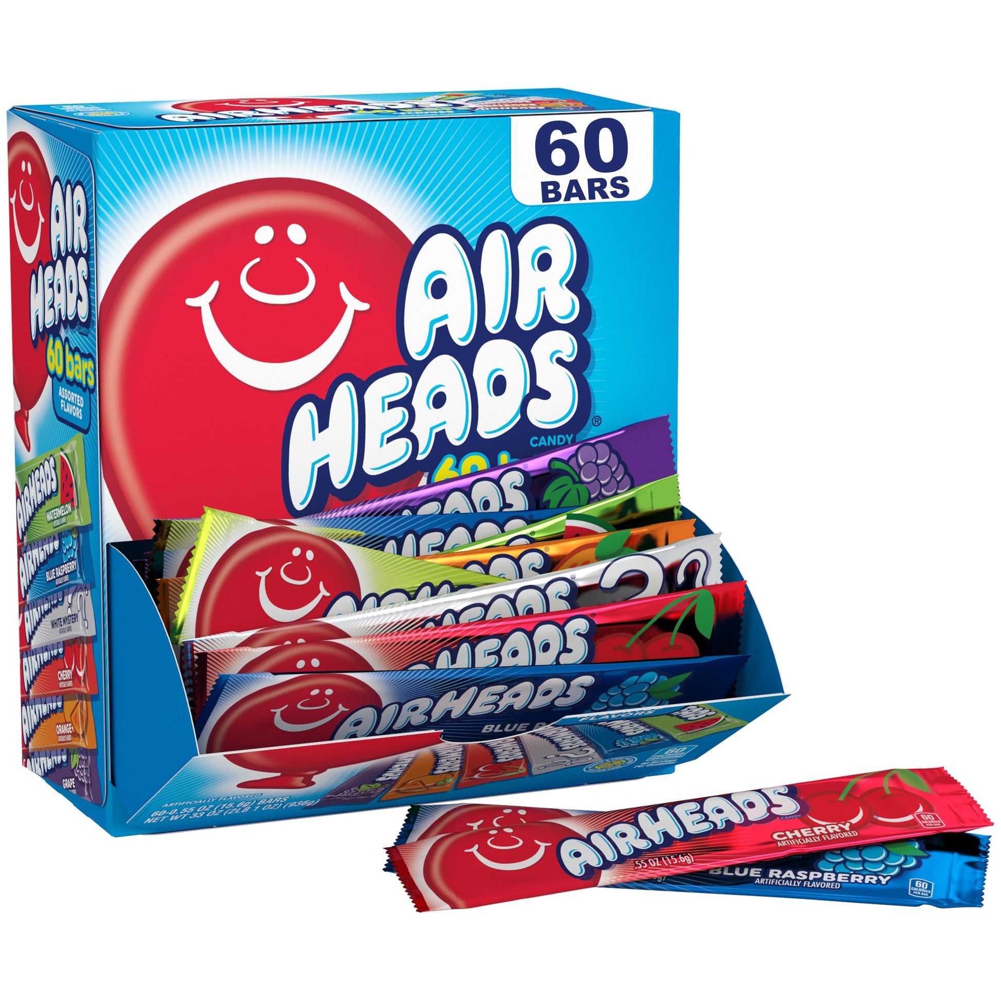 Airheads Candy Bars  Variety Bulk Box  Chewy Full Size Fruit Taffy  Gifts  Holiday  Parties  Concessions  Pantry  Non Melting  Party  60 Individually Wrapped Full Size Bars