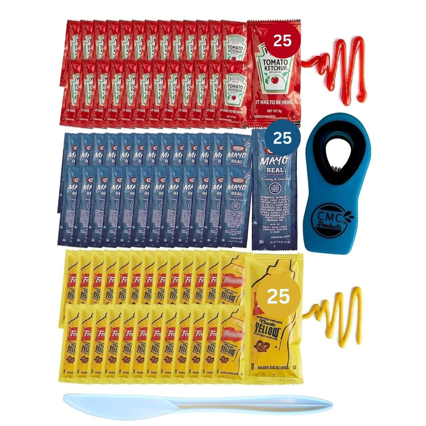 Gift Set: 25 Ketchup, 25 Mustard & 25 Mayo Packets - 75 Total Condiment Packs With Cmc Products Clip And Spreader (Approximately 25 Packets Each)