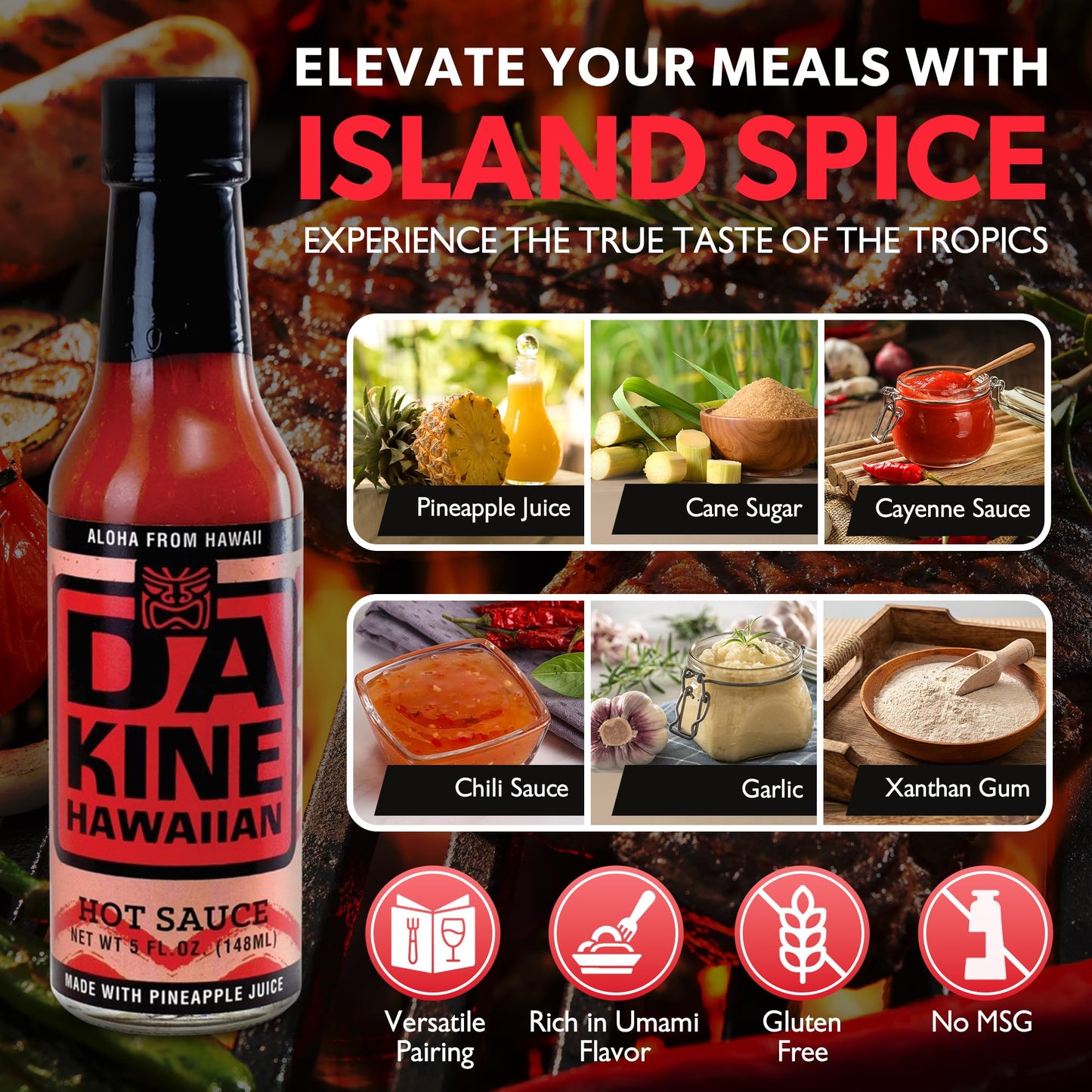 Da Kine Hawaiian Pineapple Hot Sauce - Vegan, Gluten-Free, Sweet & Spicy, 5 fl. oz - Ideal for Dipping, Drizzling & Dressings