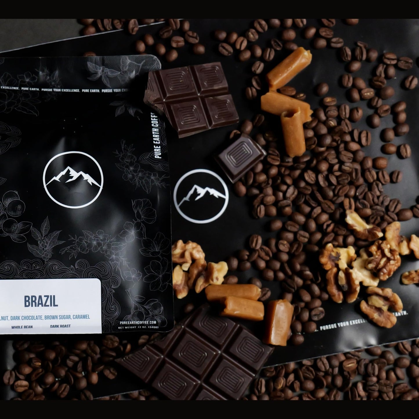 PURE EARTH COFFEE CO. Whole Bean Coffee, Brazil Single-Origin Beans, Dark Roast, Bold Gourmet Specialty Grade Coffee, Chocolate,