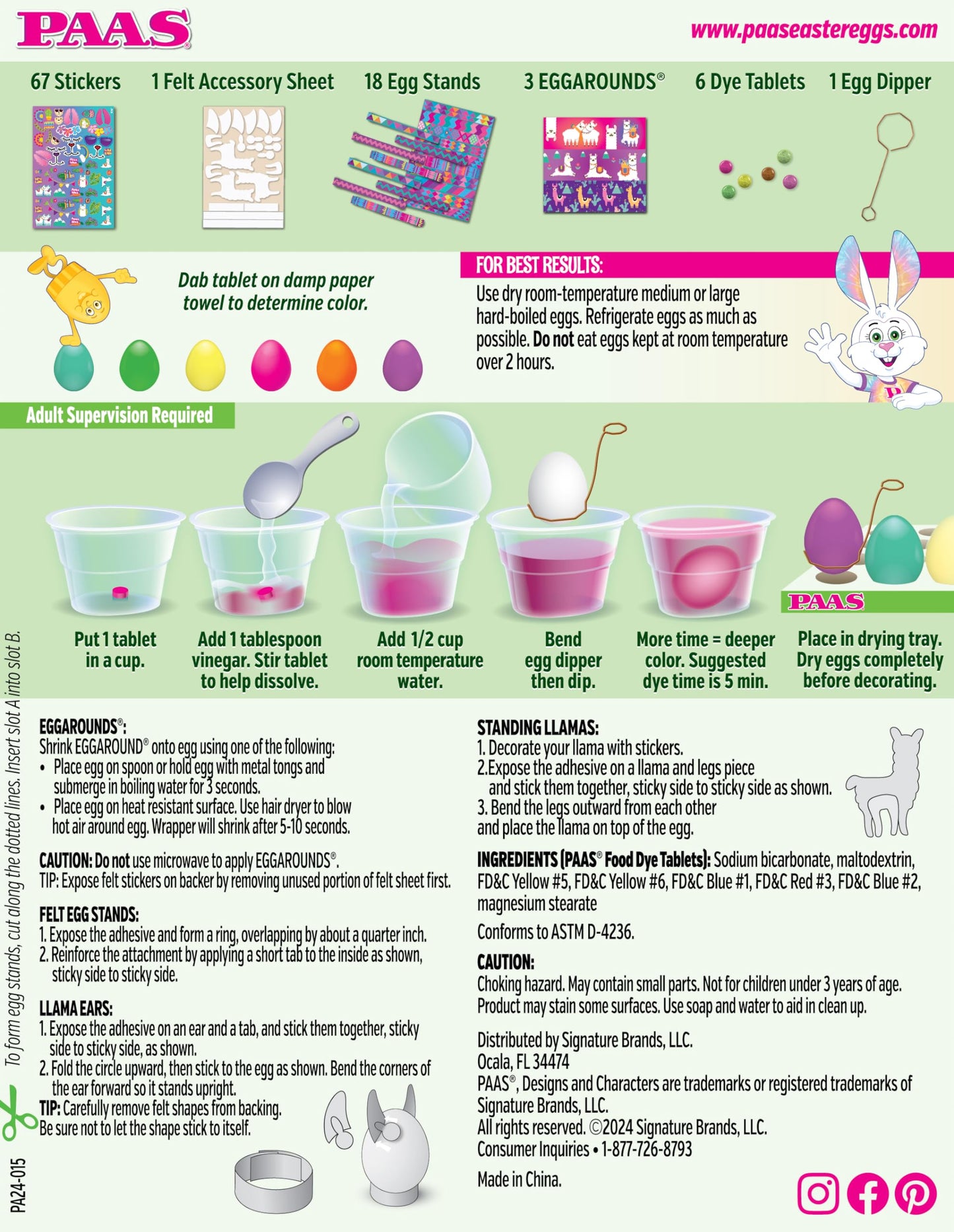 PAAS Loveable Llamas Egg Decorating Kit with Felt Stickers, Food Safe Dye, Egg Stands, and Accessories - White/Pink