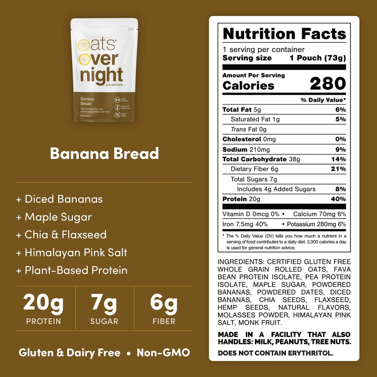 Oats Overnight Vegan Overnight Oats - Banana Bread Flavor, 20g Protein, Gluten Free, 2.6 oz (Pack of 8)