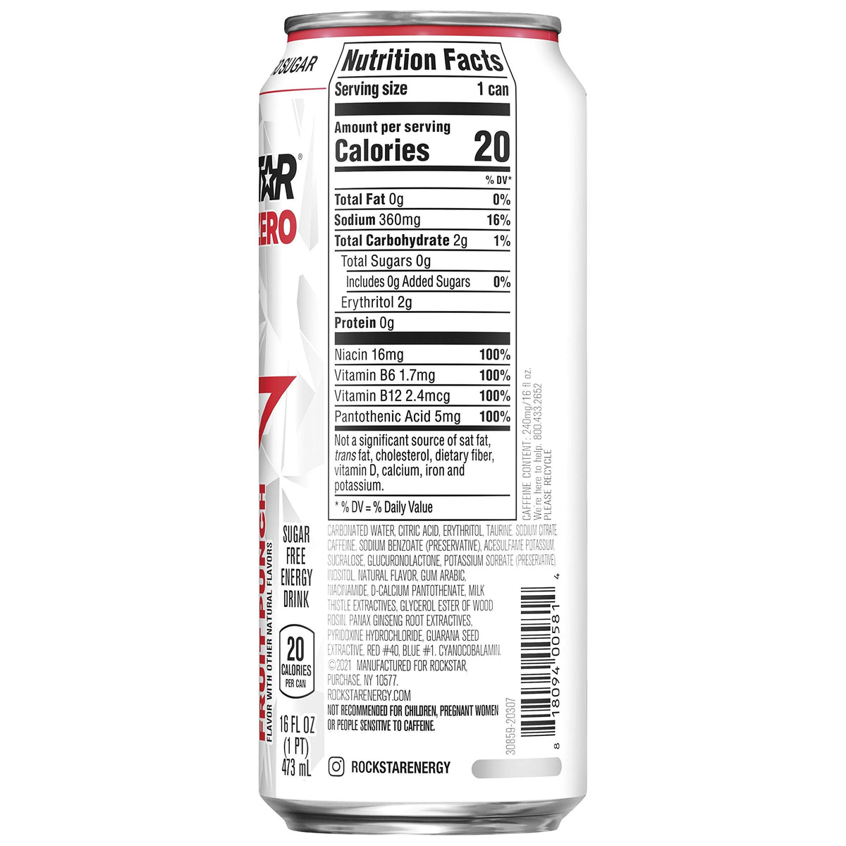 Rockstar Pure Zero Energy Drink, Caffeine & Taurine, 16 Fl Oz, Pack of 24, 0 Sugar, 0 Calories