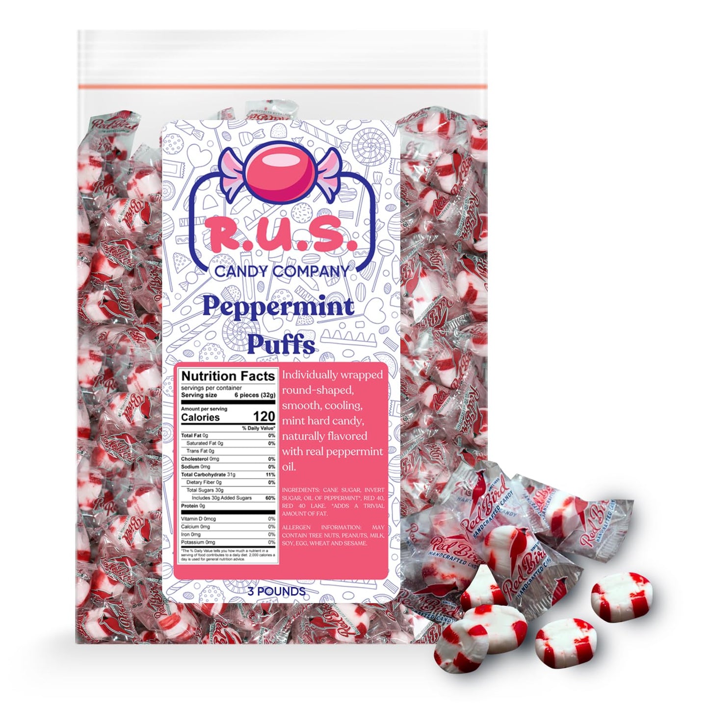 R.U.S. Candy Company Peppermint Puffs Candy - 3 Pound Bag - Refreshing Soft Candy Perfect for Parties and Holiday Celebrations (