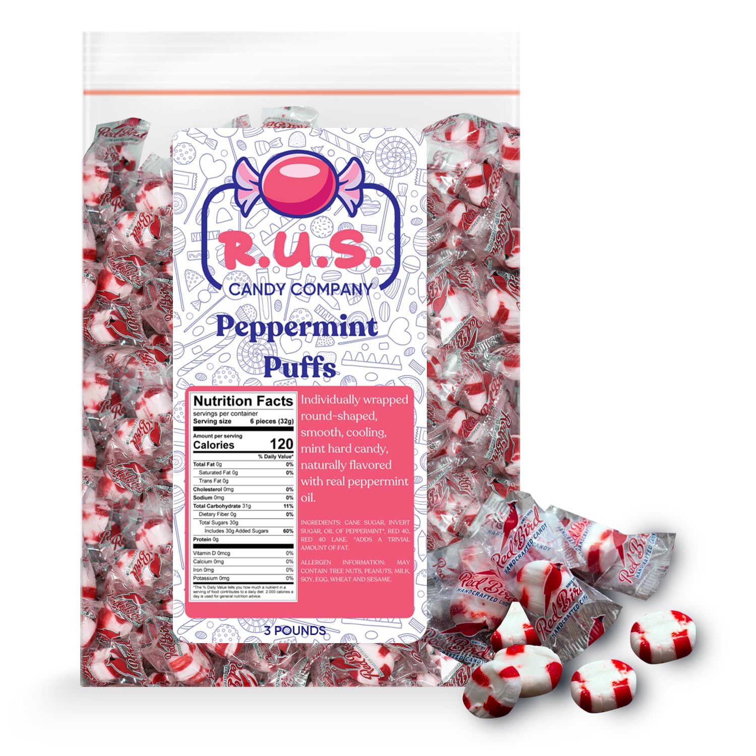 R.U.S. Candy Company Peppermint Puffs Candy - 3 Pound Bag - Refreshing Soft Candy Perfect for Parties and Holiday Celebrations (