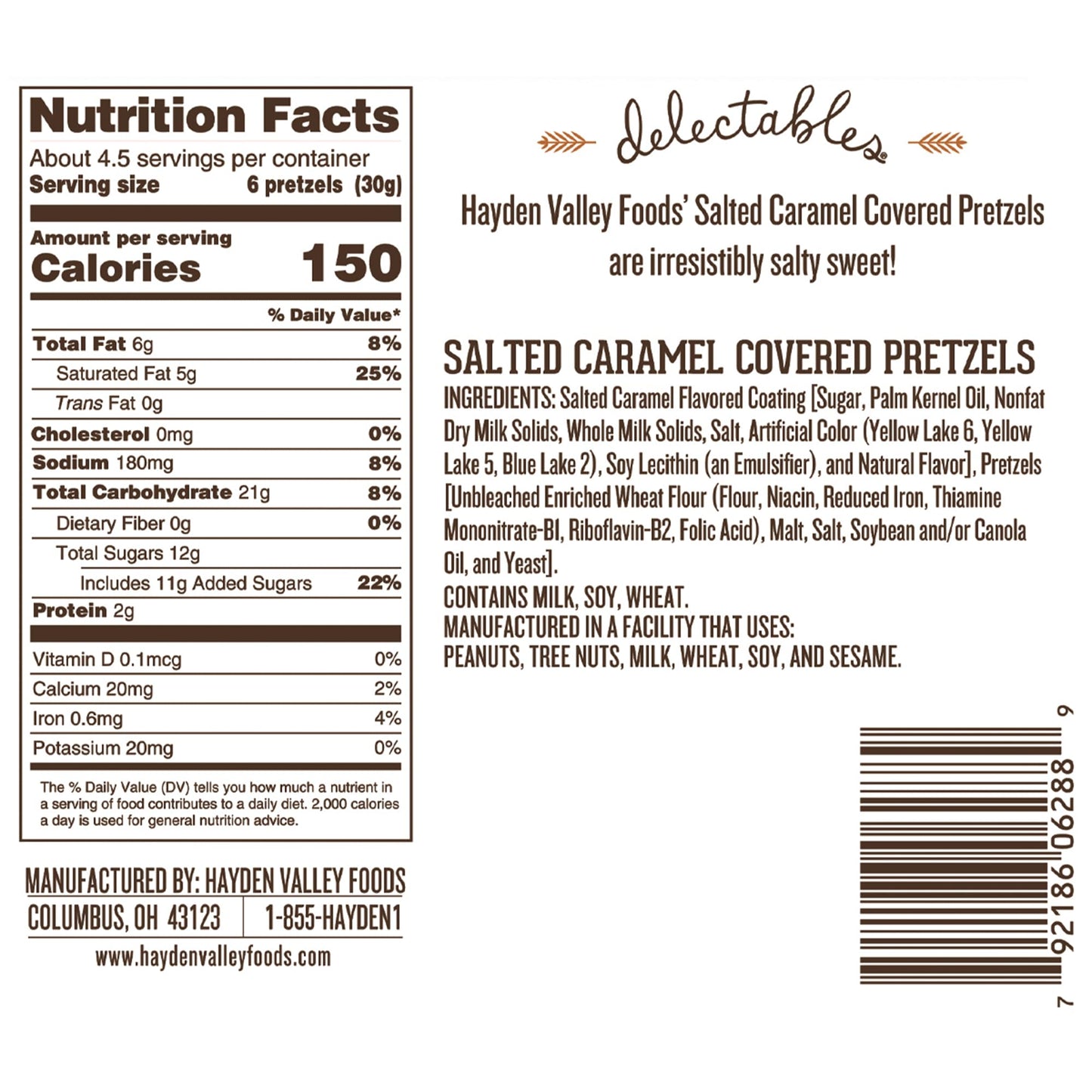 Hayden Valley Foods Salted Caramel Covered Pretzels - Pack of 3 - 5 oz Bags - No Artificial Flavors, Preservatives or Colors