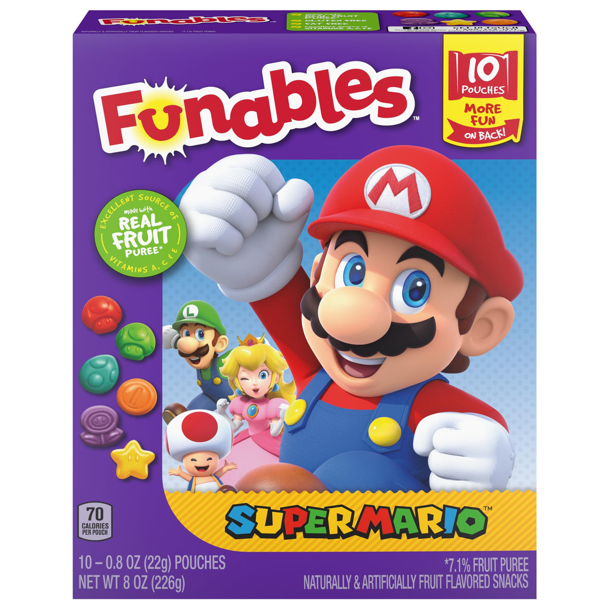 Funables Fruit Snacks, Super Mario Shaped Fruit Flavored Snacks, 0.8 Ounce Pouches (Pack Of 10)