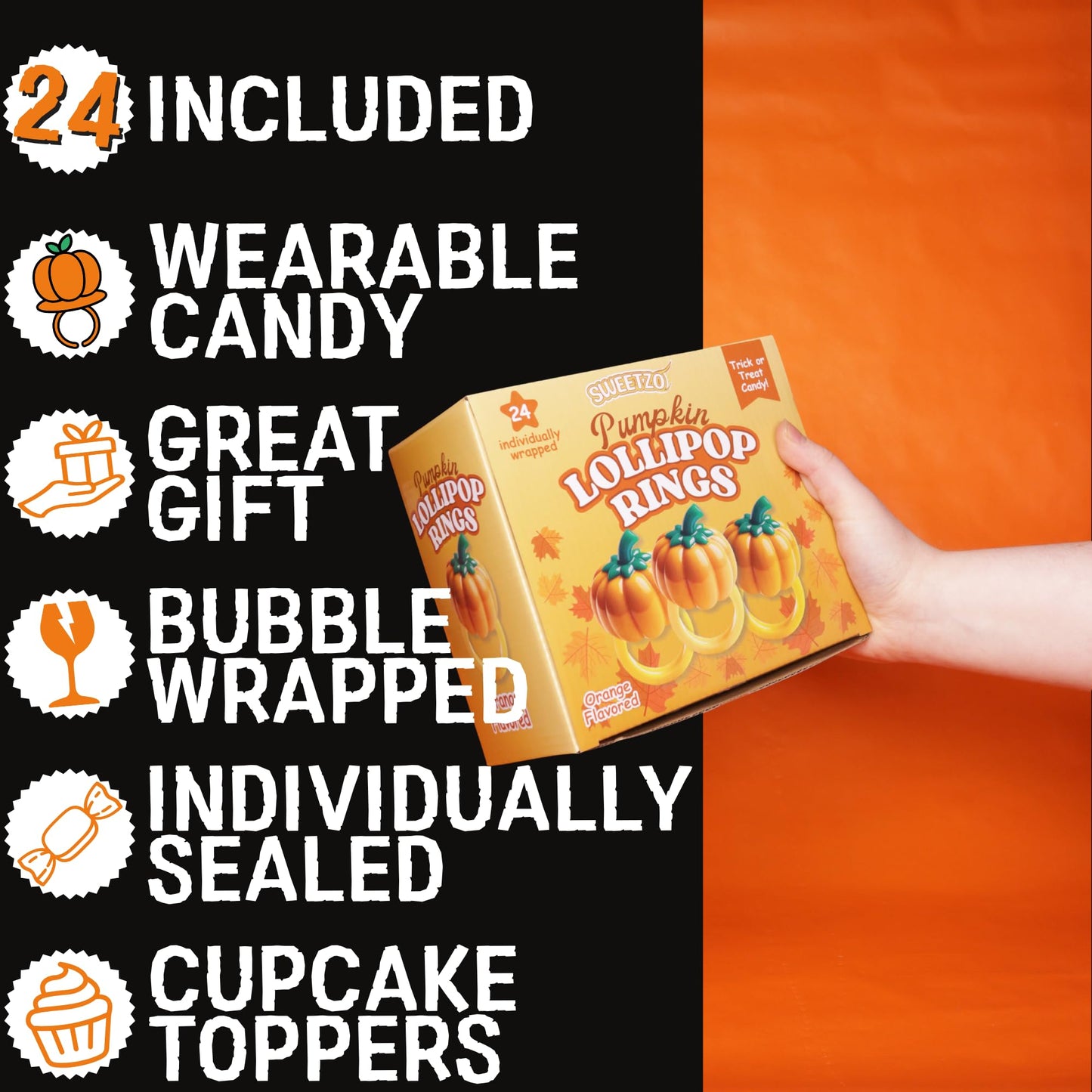 Sweetzo Pumpkin Lollipop Rings - Orange-Flavored Halloween Candy, 24 Count, Individually Wrapped for Parties and Goodie Bags