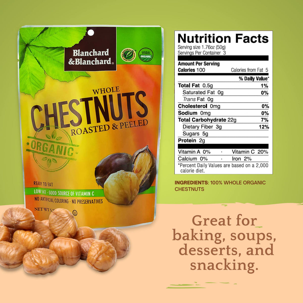 Blanchard & Blanchard Whole Organic Chestnuts Roasted & Peeled 5.29 OZ (3 Pack) Gluten Free, Keto, Low Carb