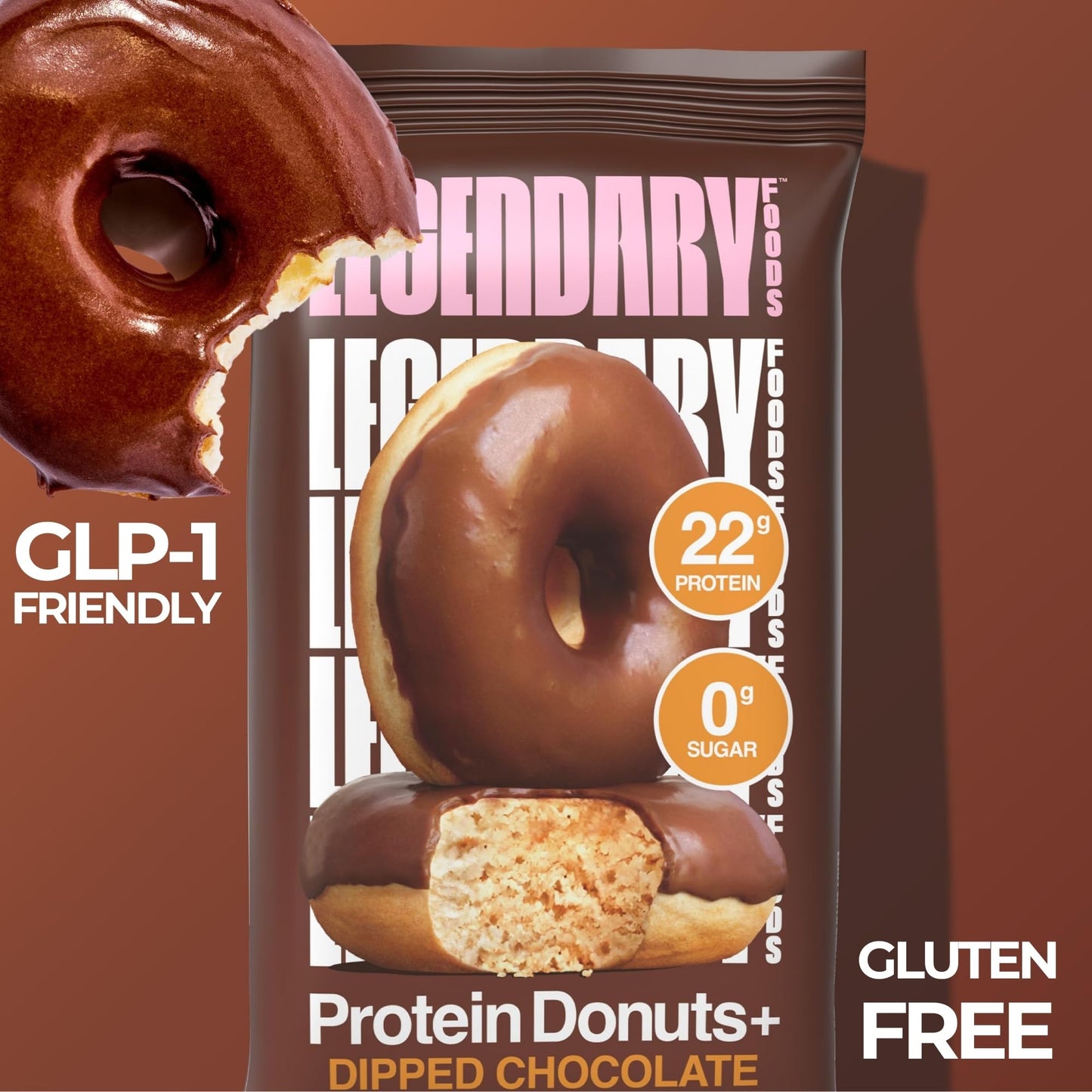 Legendary Foods Protein Donuts - 22g Protein  Dipped Chocolate  Zero Sugar Snack  Gluten Conscious  Low Carb  Keto Suitable  Diabetic and GLP-1 Diets - 8 Pack with Two Donuts per pack
