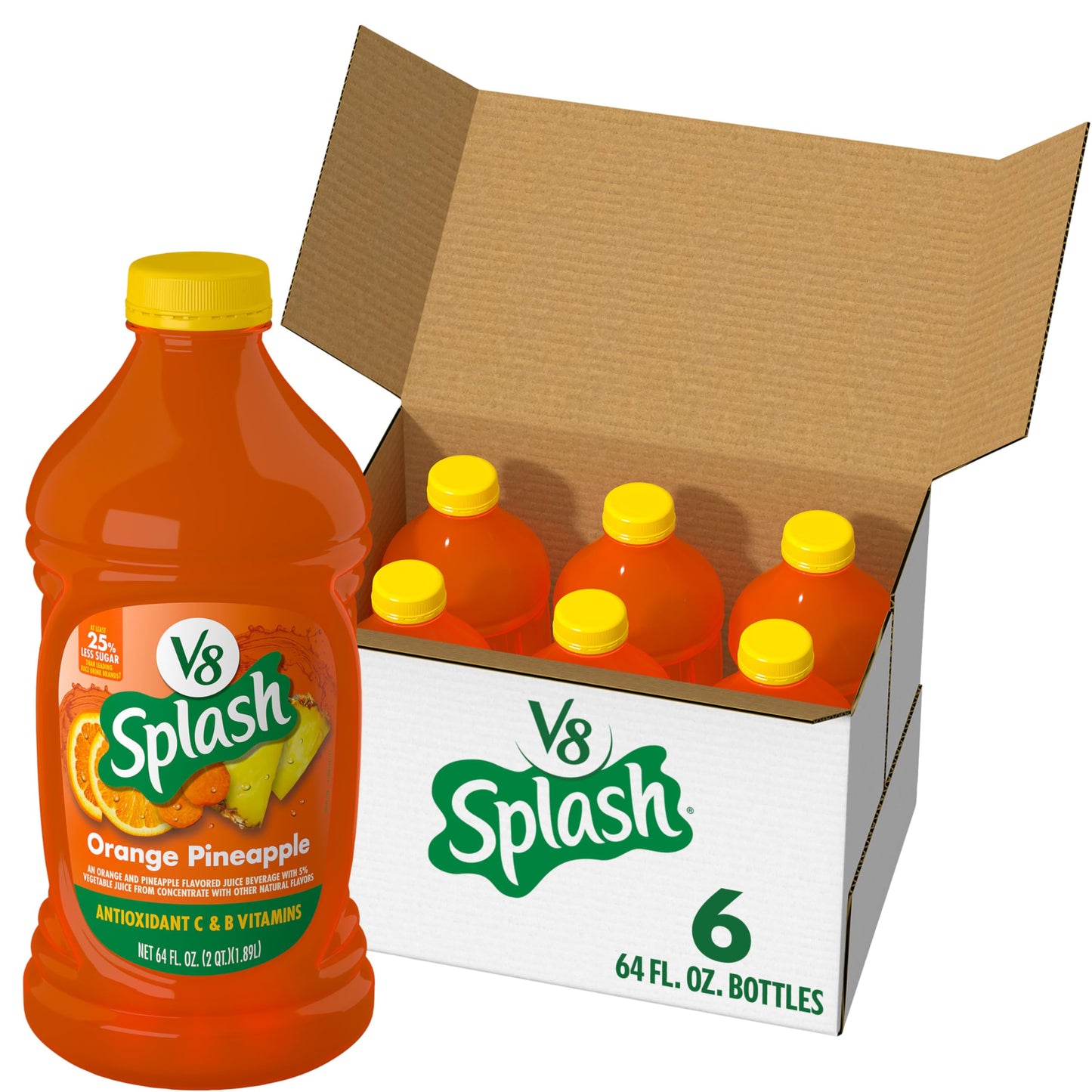 V8 Splash Orange Pineapple Juice Beverage, 64 Fl Oz Bottle, 6 Pack