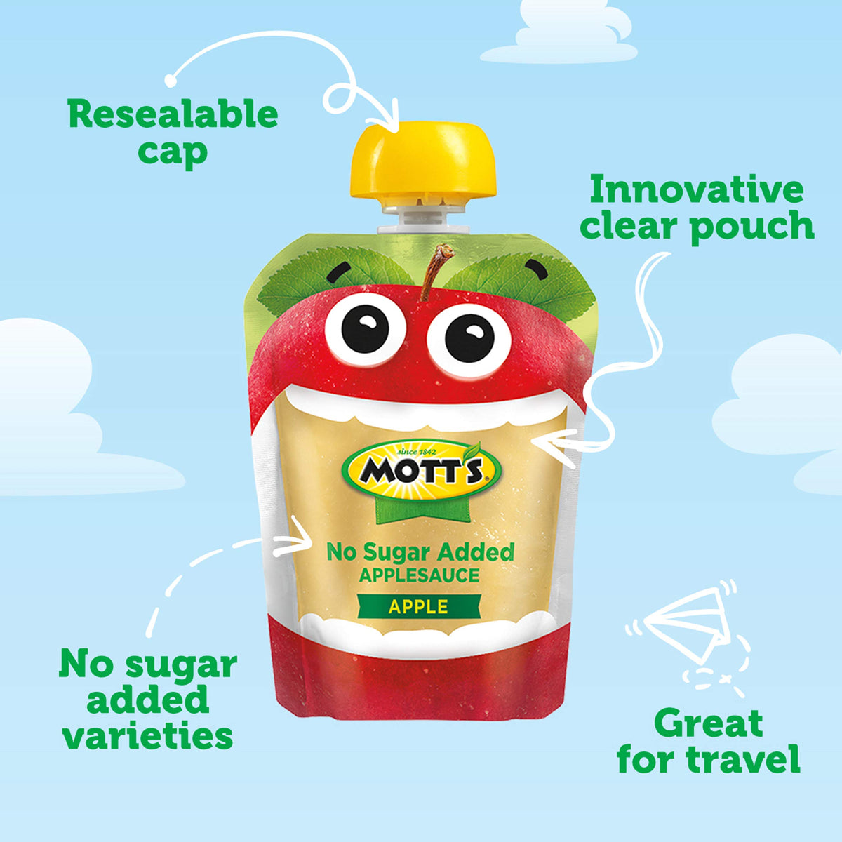 Mott s No Sugar Added Applesauce, 3.2 oz clear pouches, 12 Count (Pack of 8)