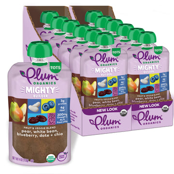 Plum Organics Mighty Builder Organic Toddler Food - Pear, White Bean, Blueberry, Date, and Chia - 4 oz Pouch (Pack of 12) - Orga