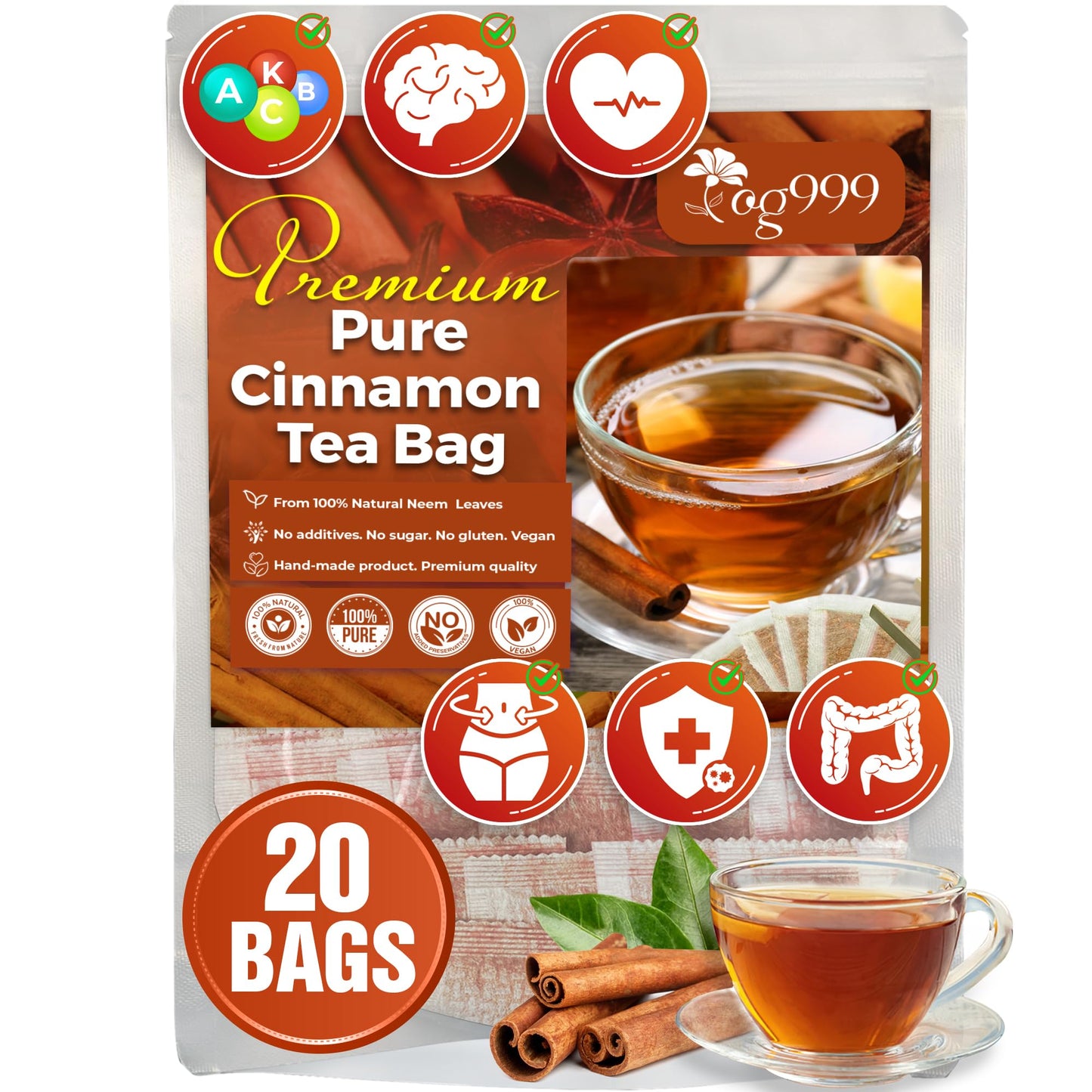 TOG999 Premium Cinnamon Herbal Tea Bags, 100% Natural, Vegan, No Sugar, No Caffeine, 20 Bags