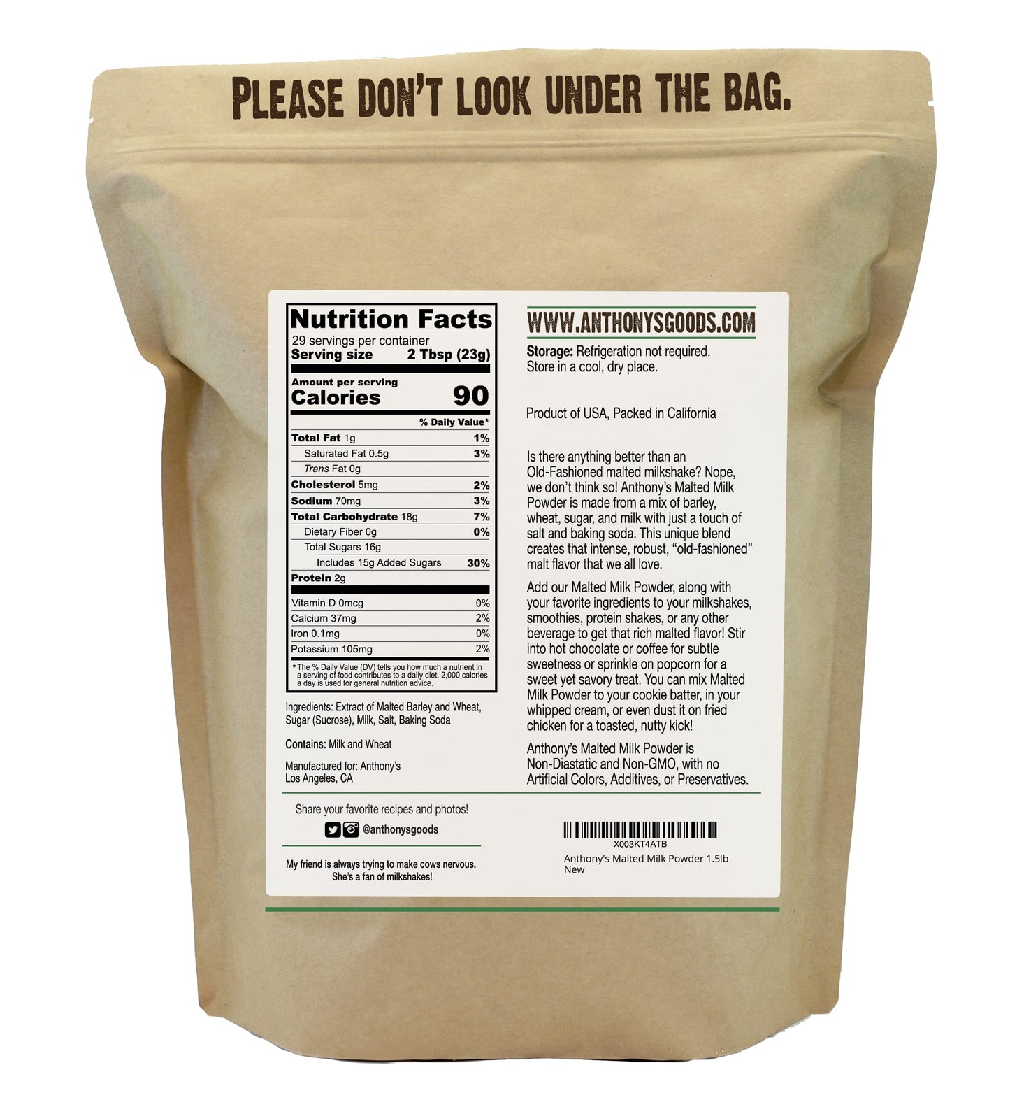 Anthonys Malted Milk Powder 1.5lb  For Ice Cream  Milk Shakes  and Baking  Non GMO  Made in USA