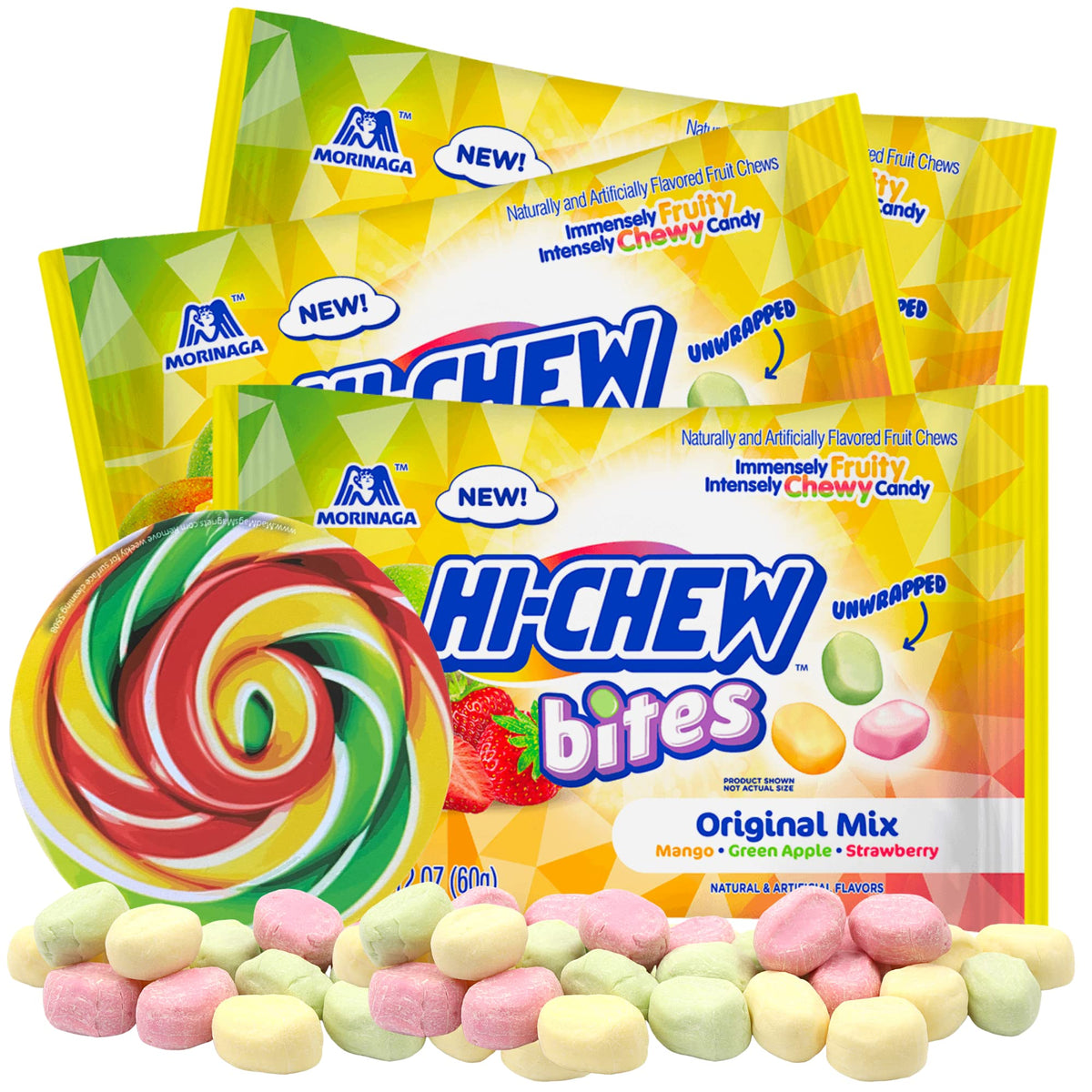 Sweetzo - Assorted Fruit Flavored Chewy Candy, Strawberry, Mango, and Green Apple Bite Sized Gummy Candies, Individual Serving B
